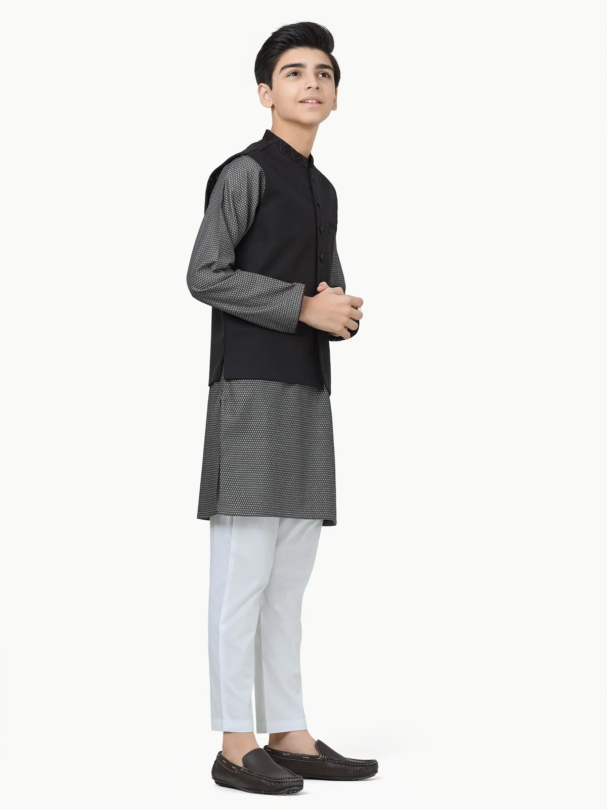 Boy's Black & Charcoal Waist Coat Suit - EBTWCS22-25179 - Image 3