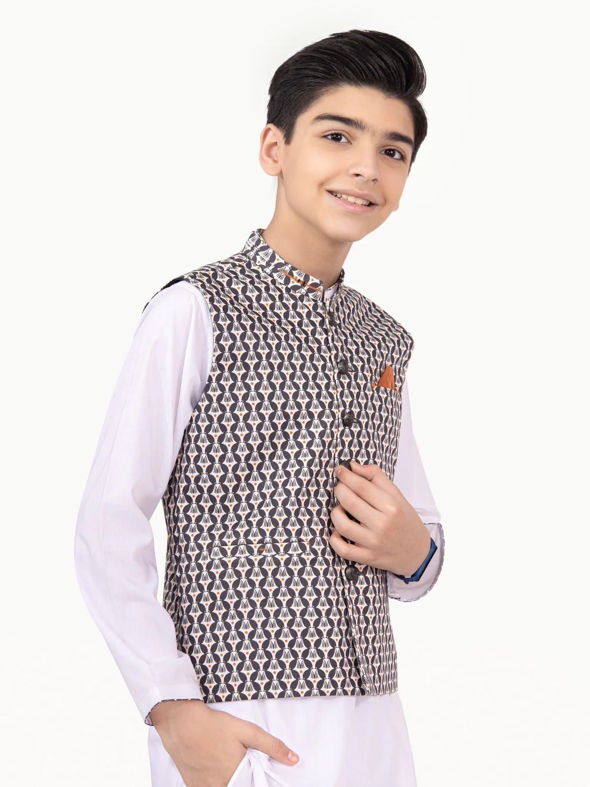 Boy's Grey & White Waist Coat Suit - EBTWCS22-25157 - Image 7