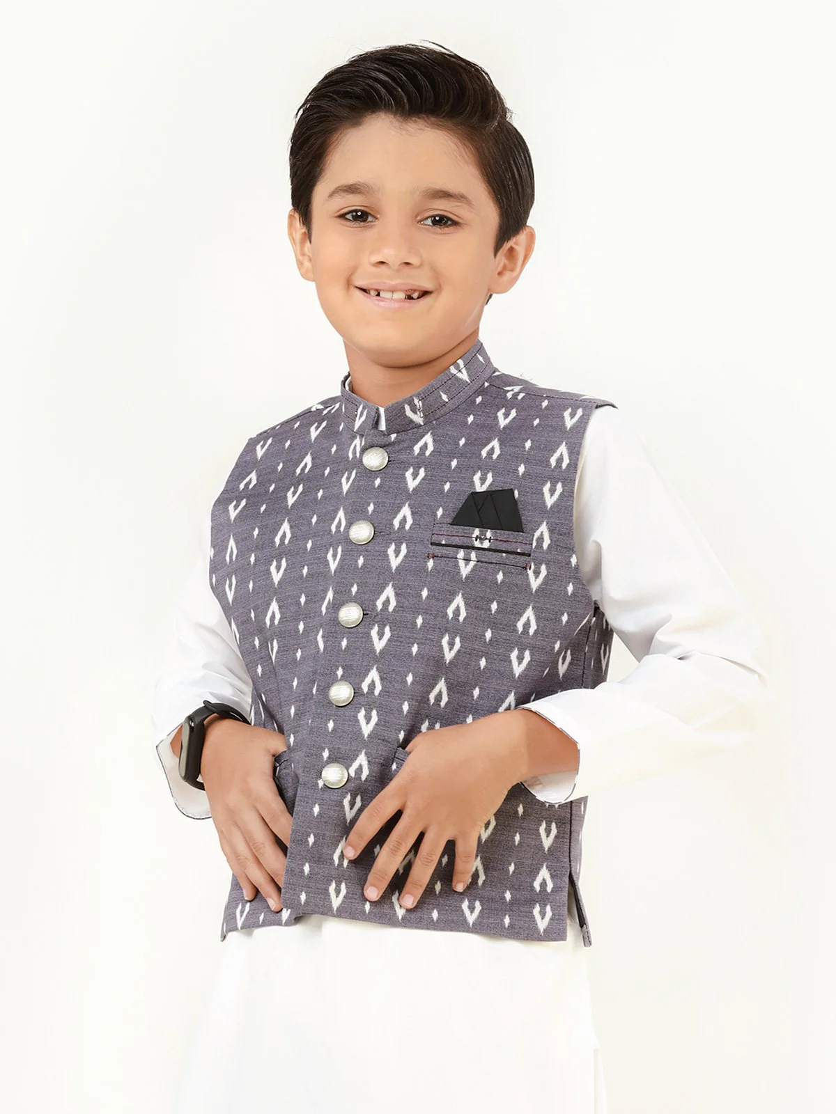 Boy's Grey & White Waist Coat Suit - EBTWCS22-25162 - Image 2