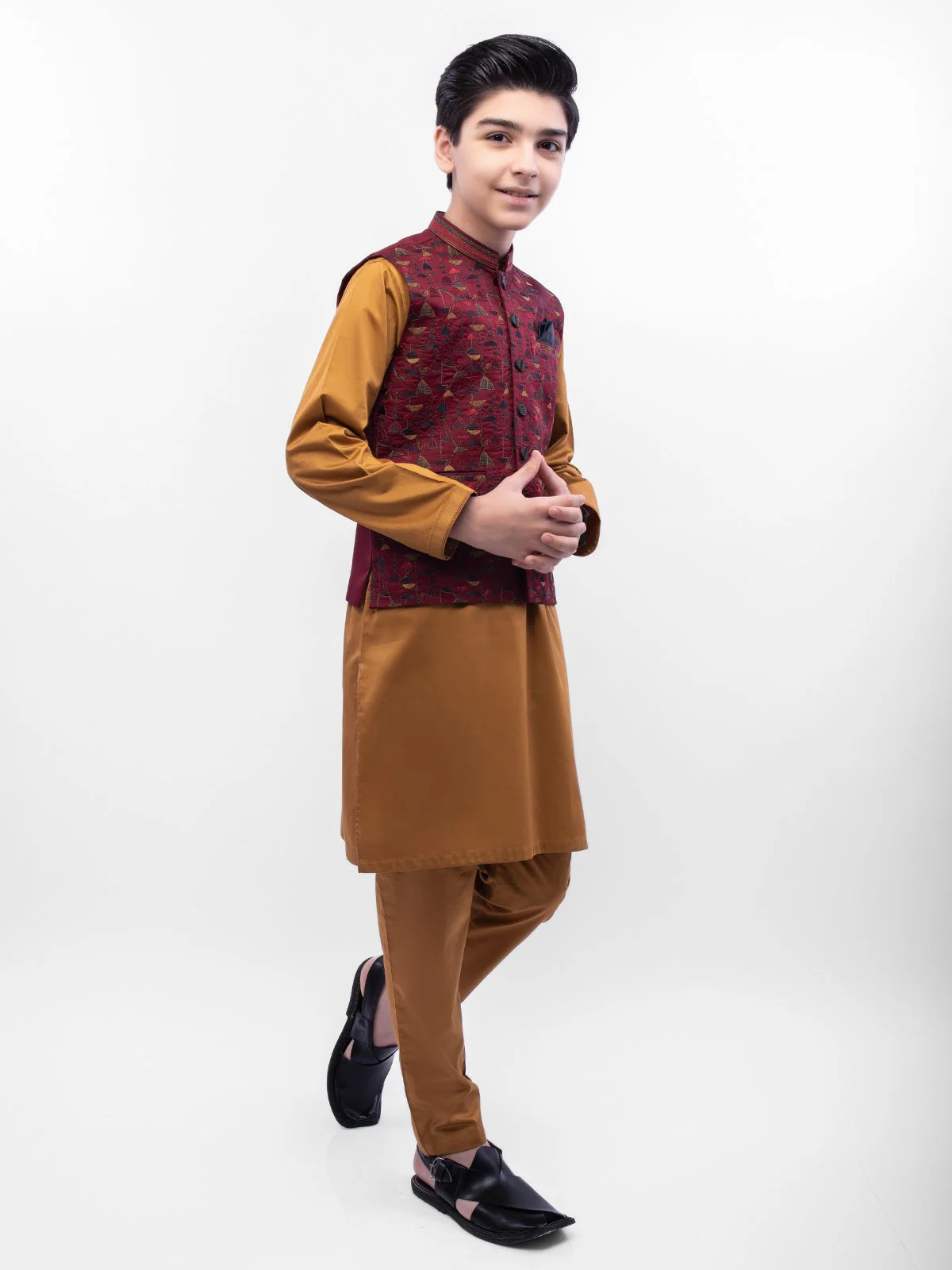 Boy's Maroon & Golden Waist Coat Suit - EBTWCSC22-013 - Image 4