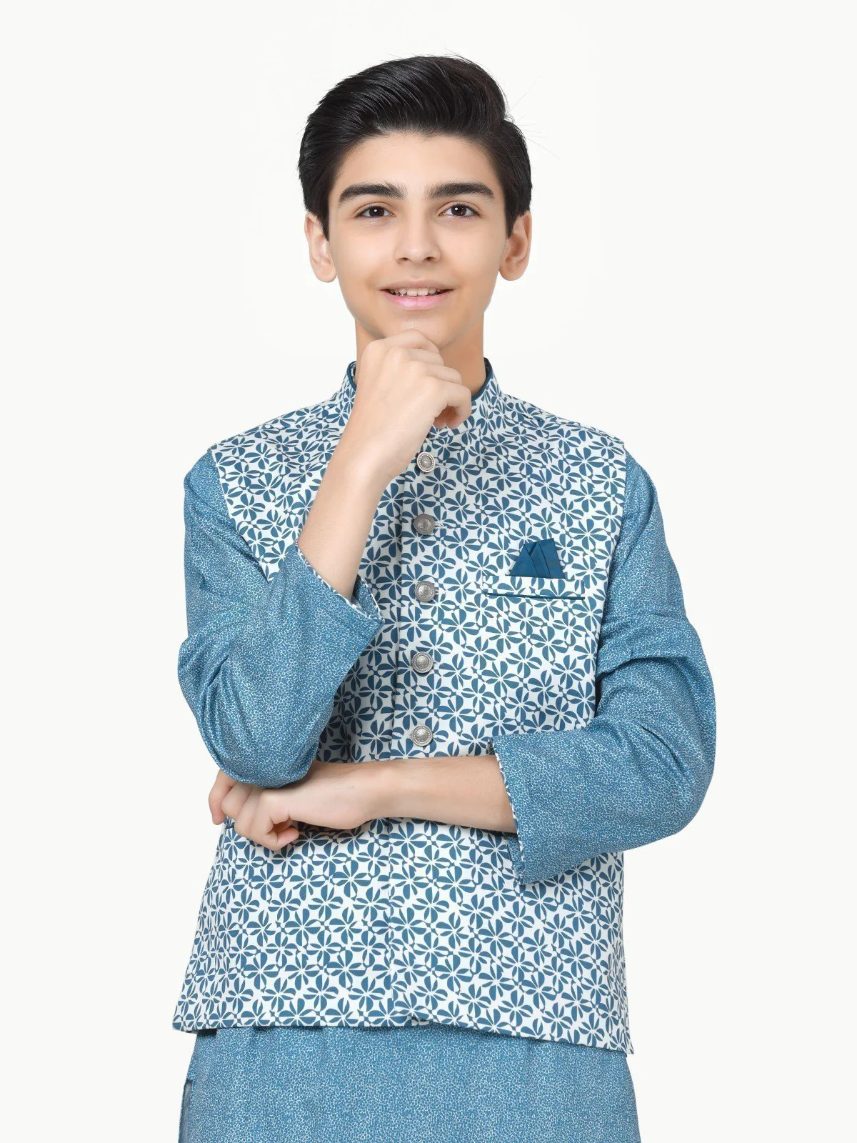 Boy's Off White & Teal Waist Coat Suit - EBTWCS23-25170 - Image 2