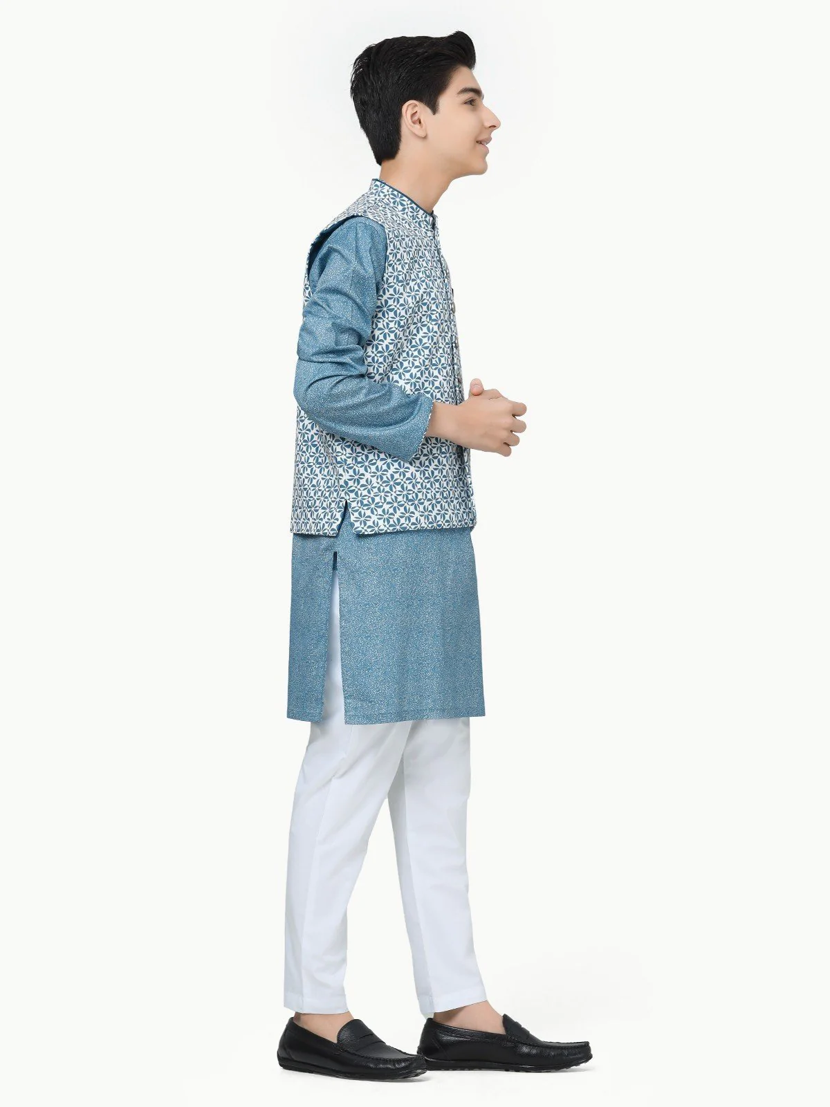 Boy's Off White & Teal Waist Coat Suit - EBTWCS23-25170 - Image 3
