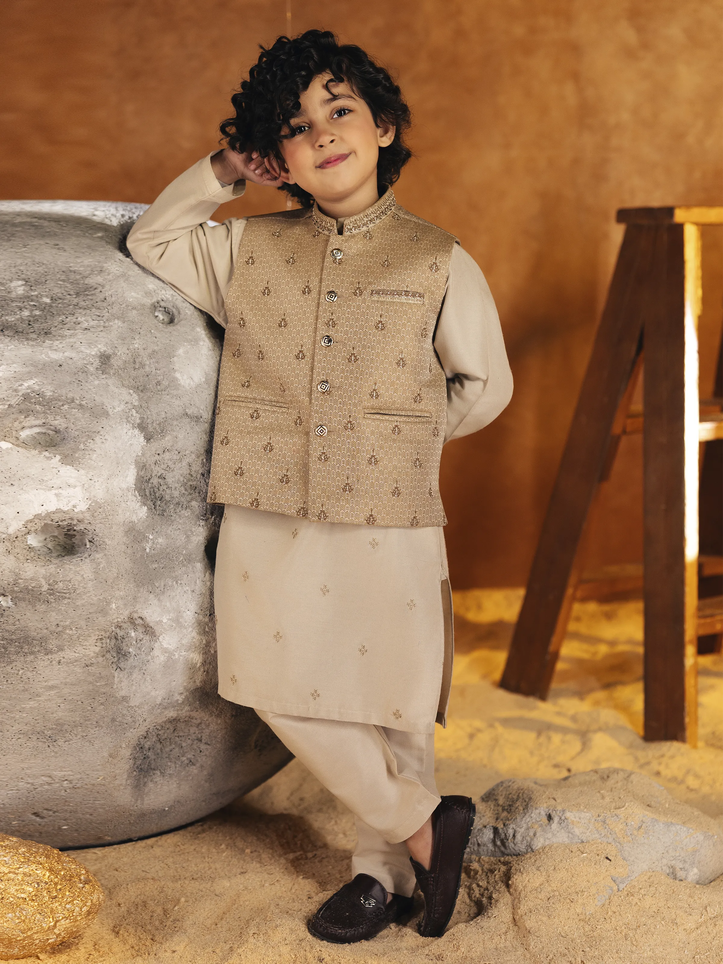 Boy's Beige Waist Coat Suit - EBTWCSC5-049 - Image 5