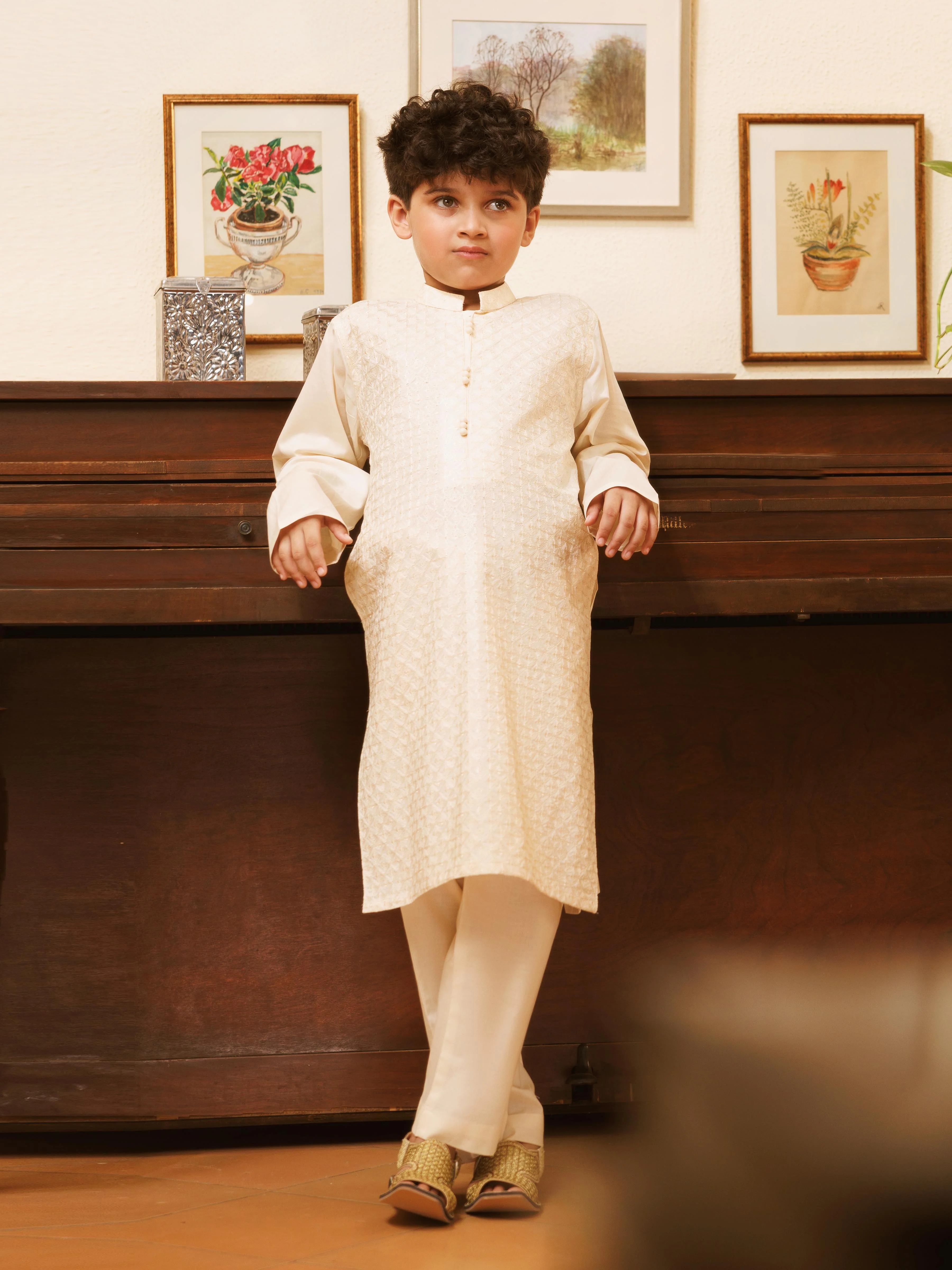 Boy's Cream Kurta Pajama - EBTKP5-025 - Image 3