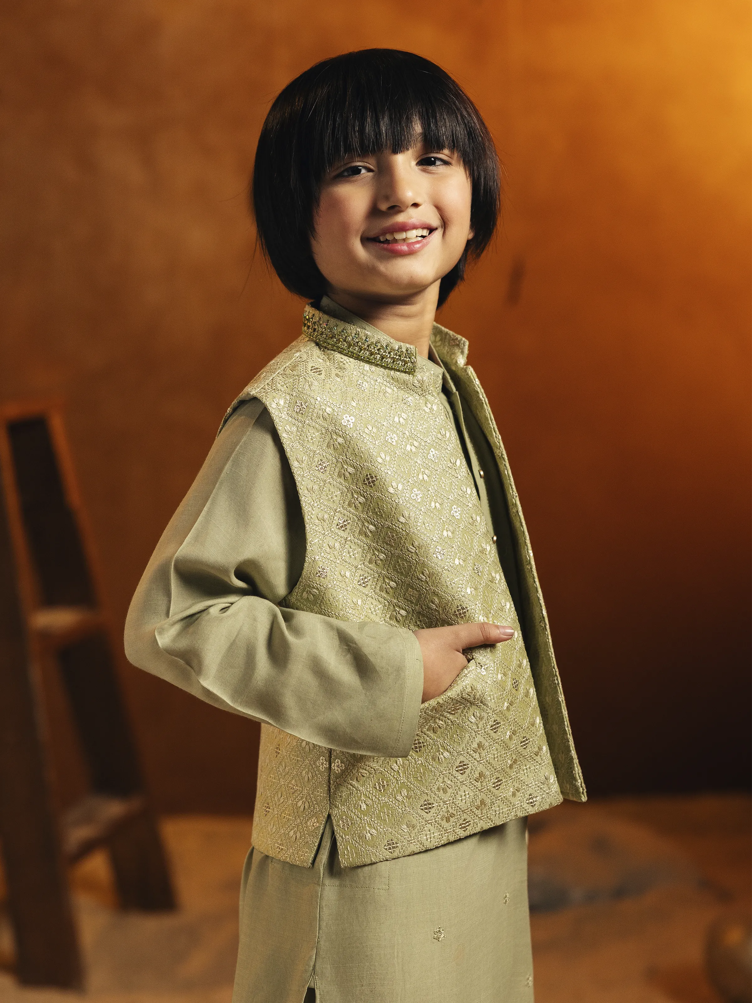 Boy's Light Green Waist Coat Suit - ECBTWCS5-061 - Image 4