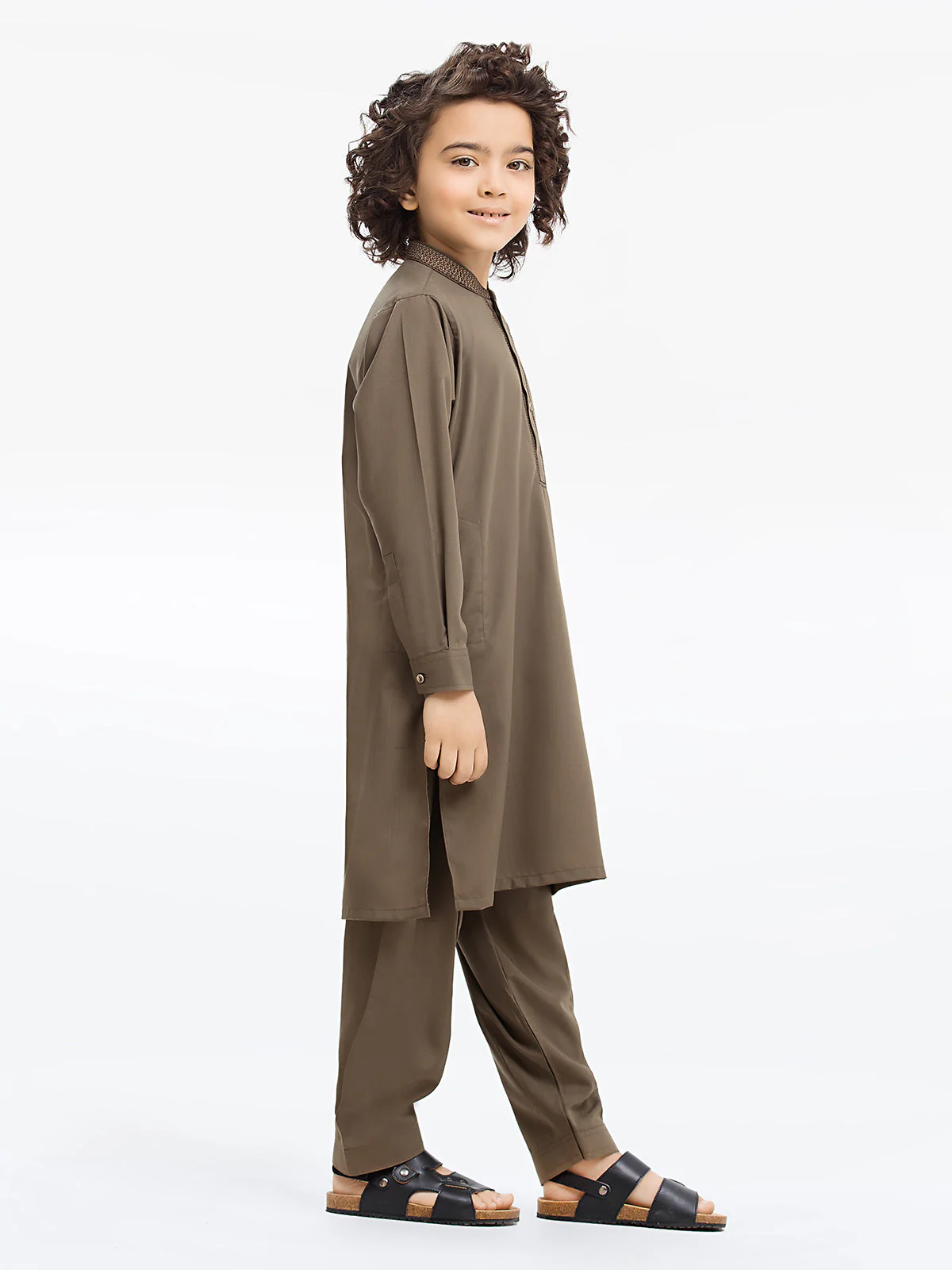 Boy's Mud Green Kurta Shalwar - EBTKS24-3948 - Image 3
