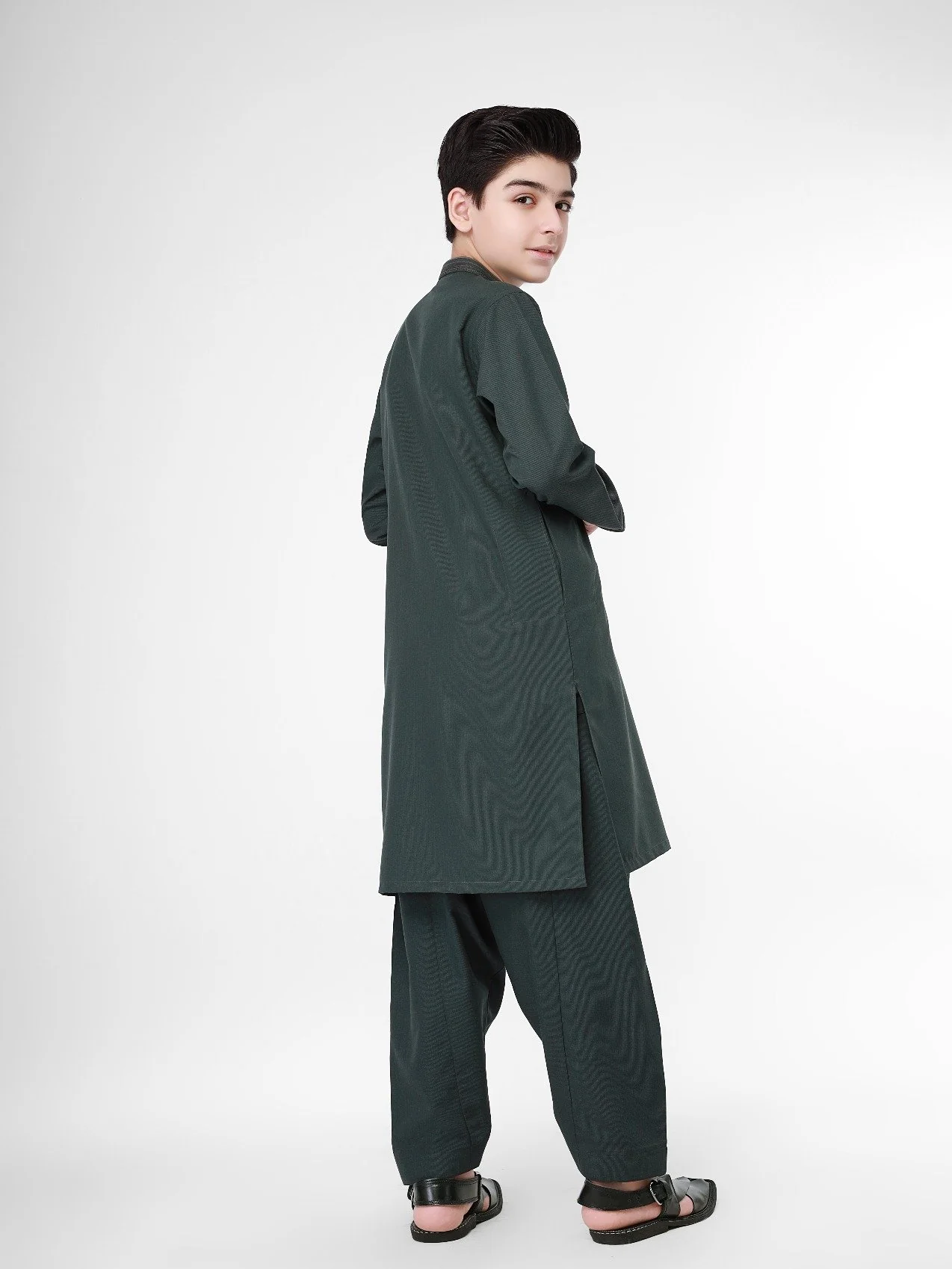 Boy's Bottle Green Kurta Shalwar - EBTKS22-3777 - Image 3