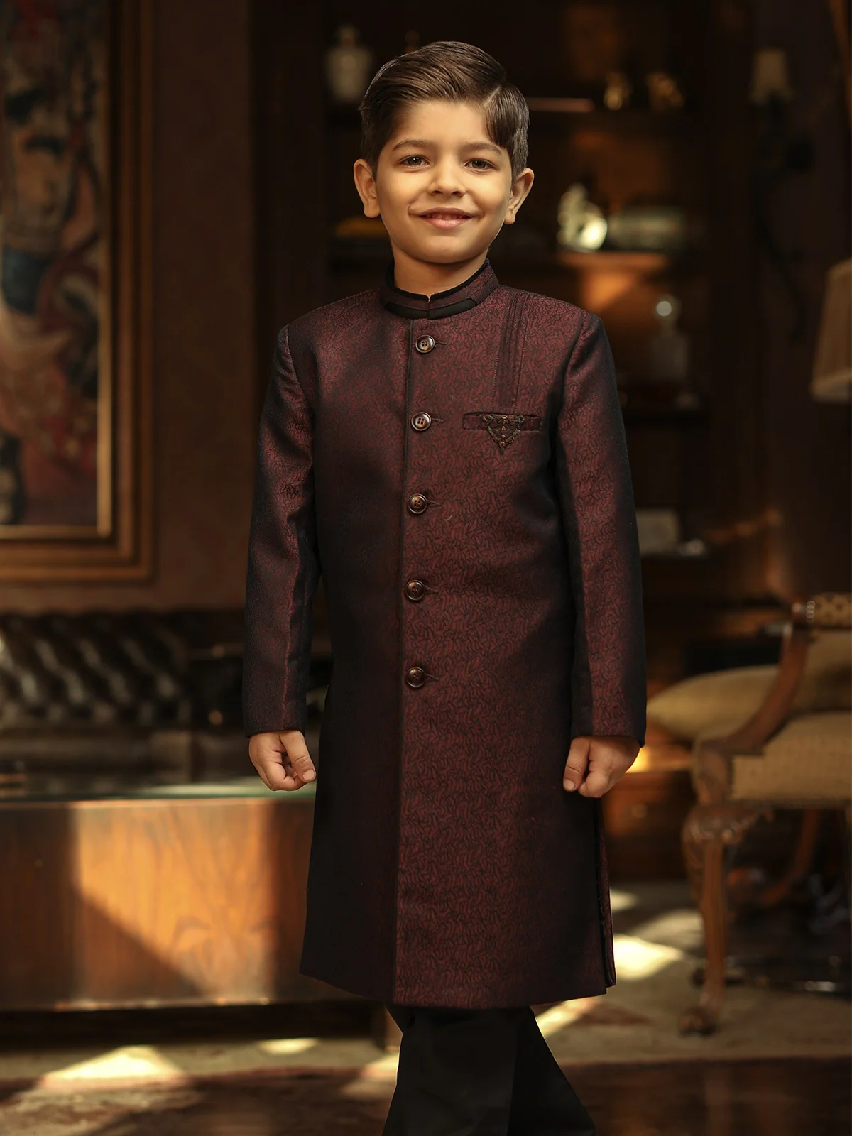 Boy's Dark Maroon Sherwani Suit - EBTS19-3396 - Image 2