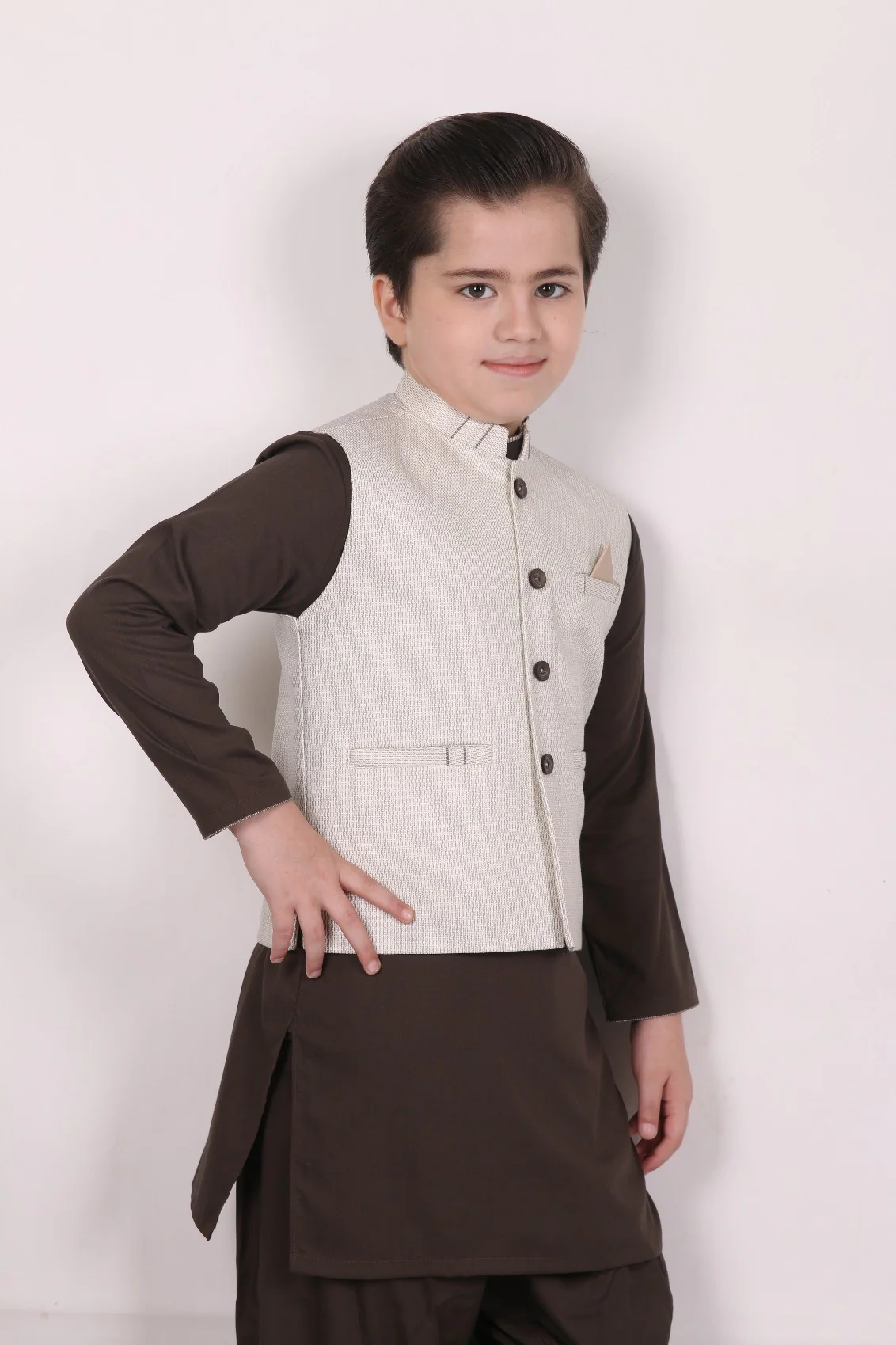 Boy's Beige & Kai Green Waist Coat Suit - EBTWCS18-25086