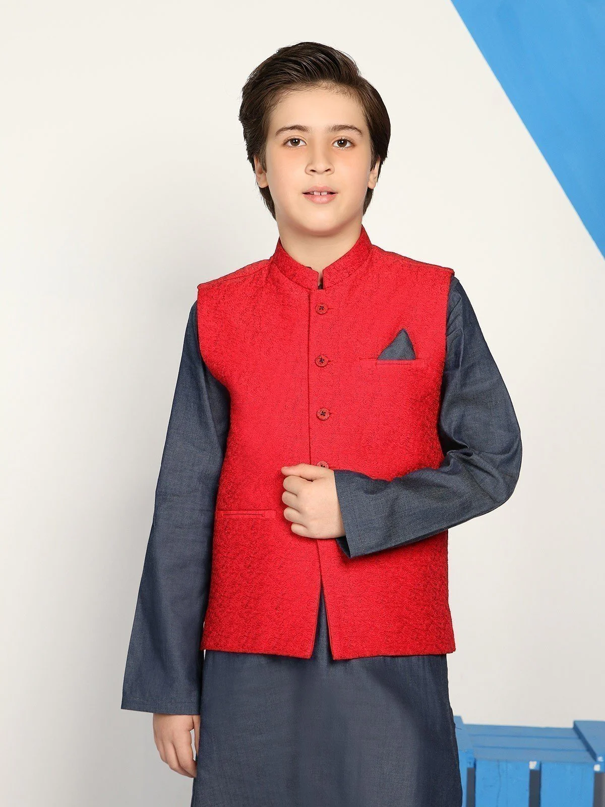 Boy's Red & Blue Waist Coat Suit - EBTWCS19-25102 - Image 2