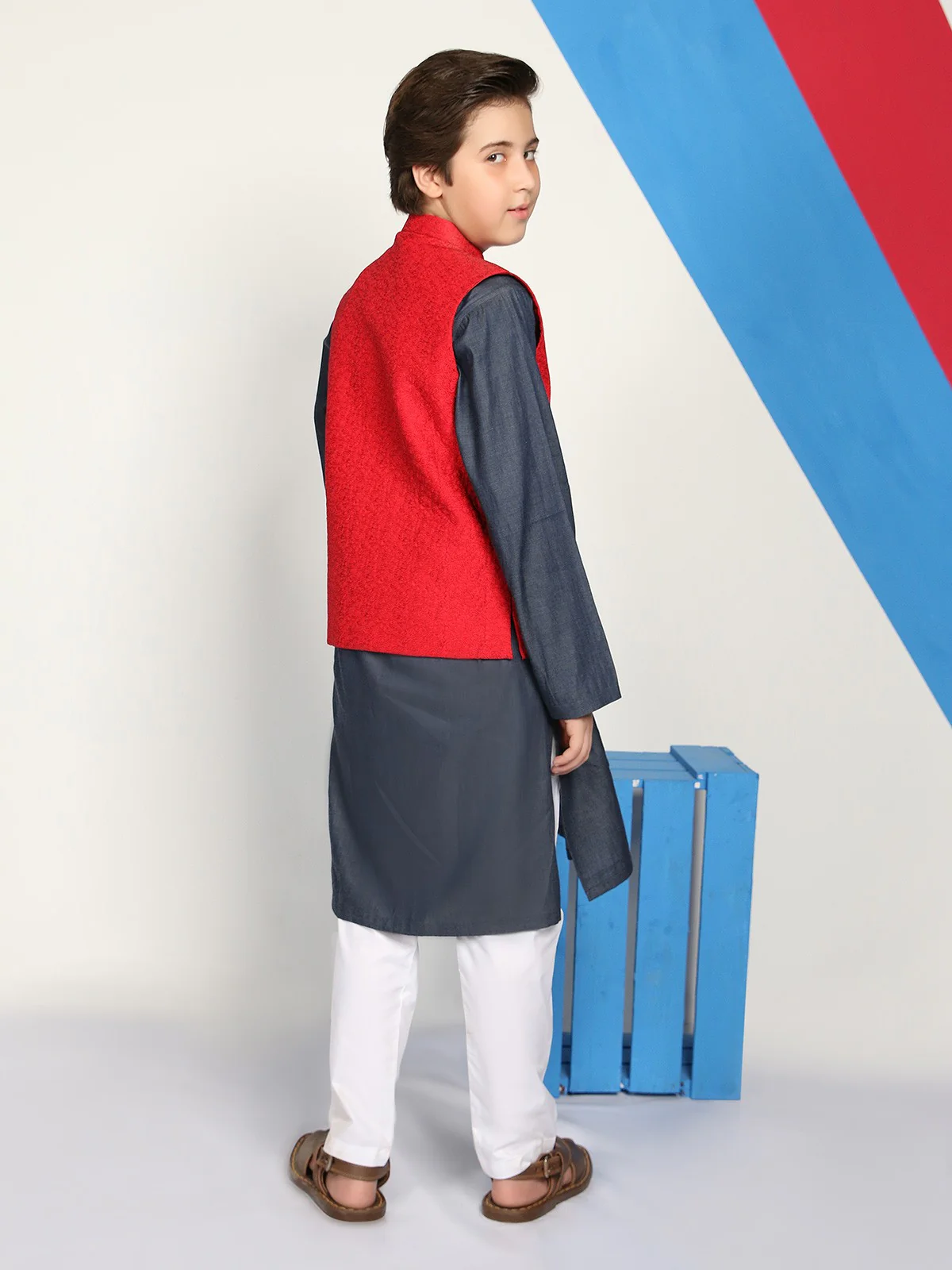 Boy's Red & Blue Waist Coat Suit - EBTWCS19-25102 - Image 3