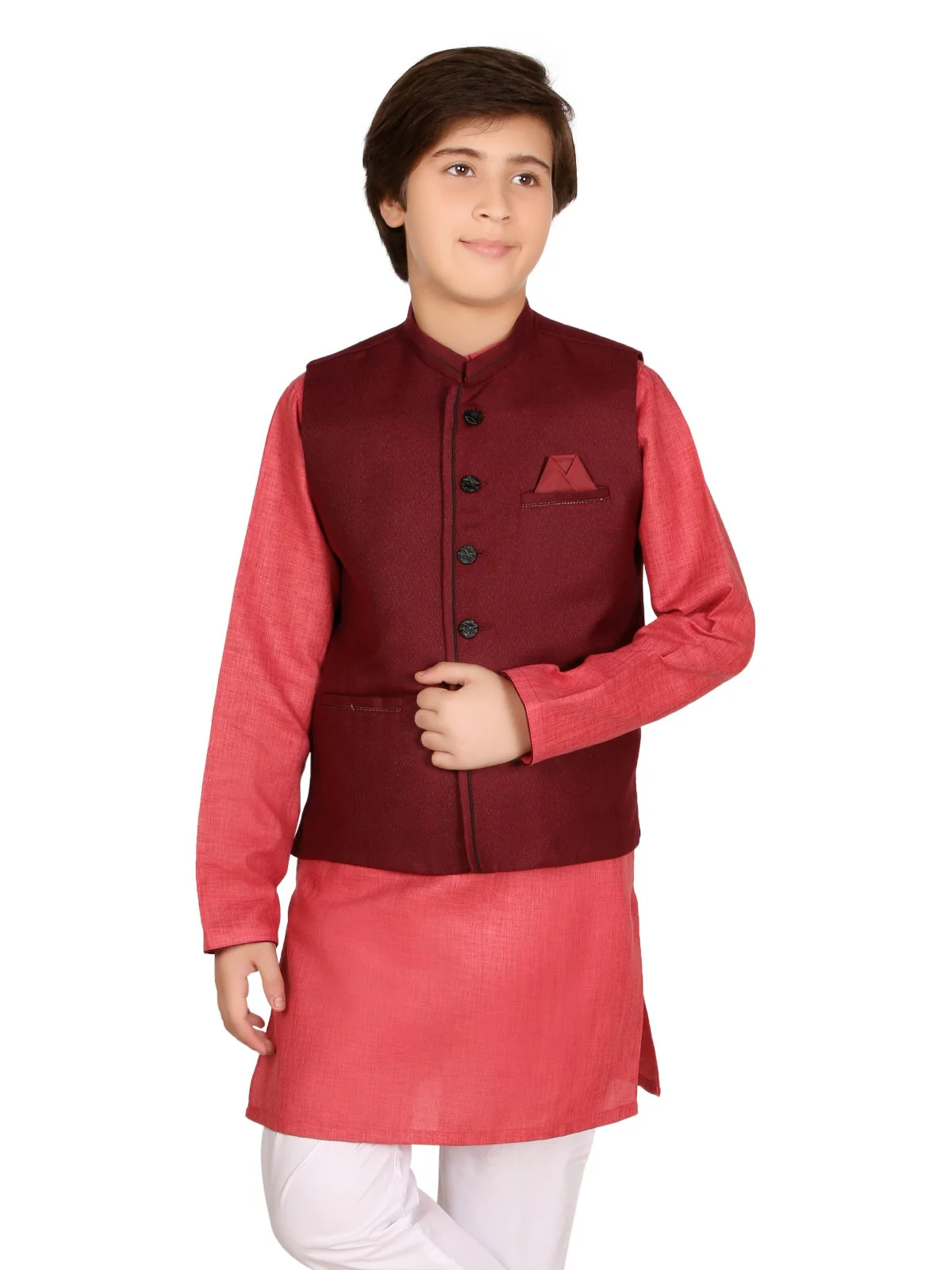 Boy's Maroon & Peach Waist Coat Suit - EBTWCS19-25110 - Image 2