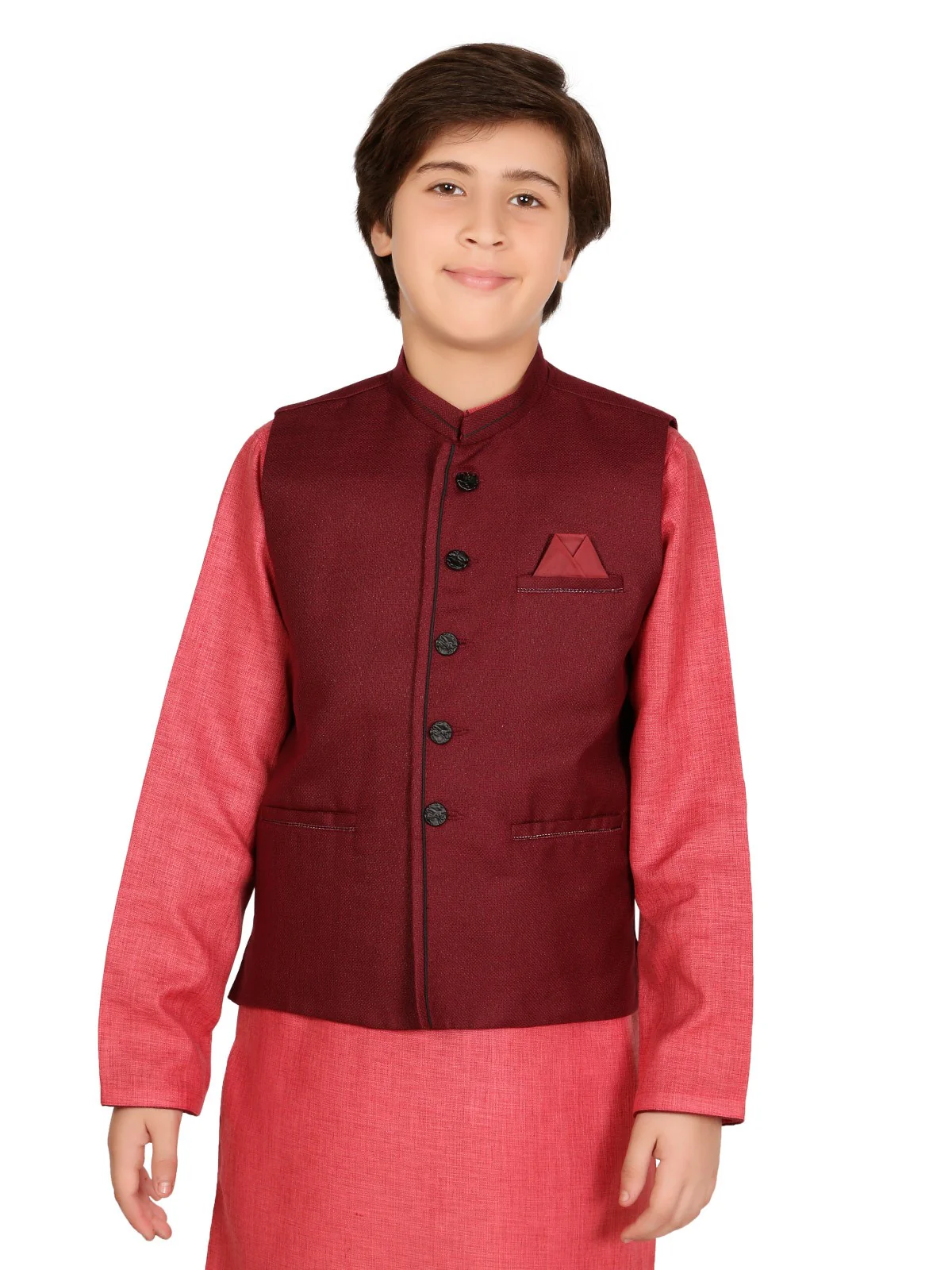 Boy's Maroon & Peach Waist Coat Suit - EBTWCS19-25110 - Image 3