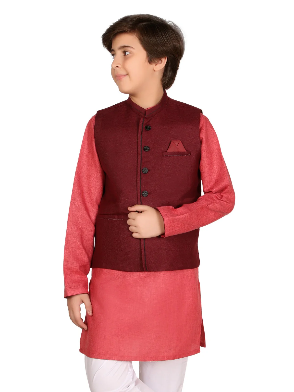 Boy's Maroon & Peach Waist Coat Suit - EBTWCS19-25110 - Image 4