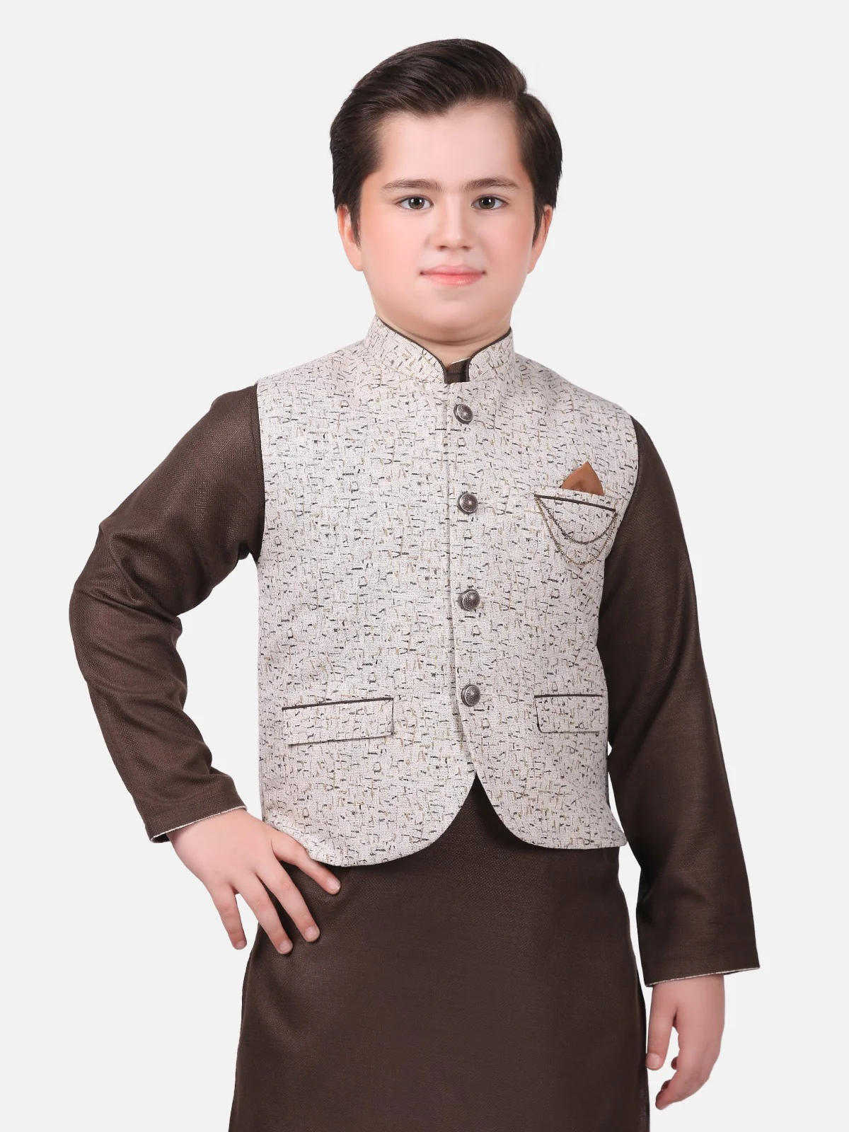 Boy's Beige & Brown Waist Coat Suit - EBTWCS19-25111 - Image 2