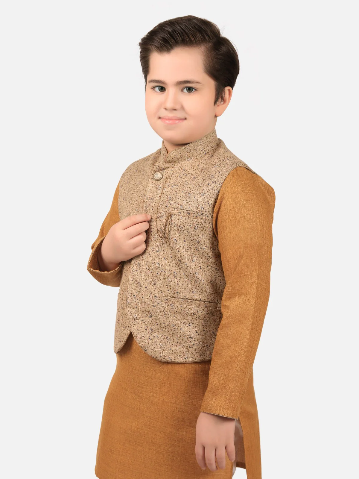 Boy's Beige & Golden Waist Coat Suit - EBTWCS19-25113 - Image 2