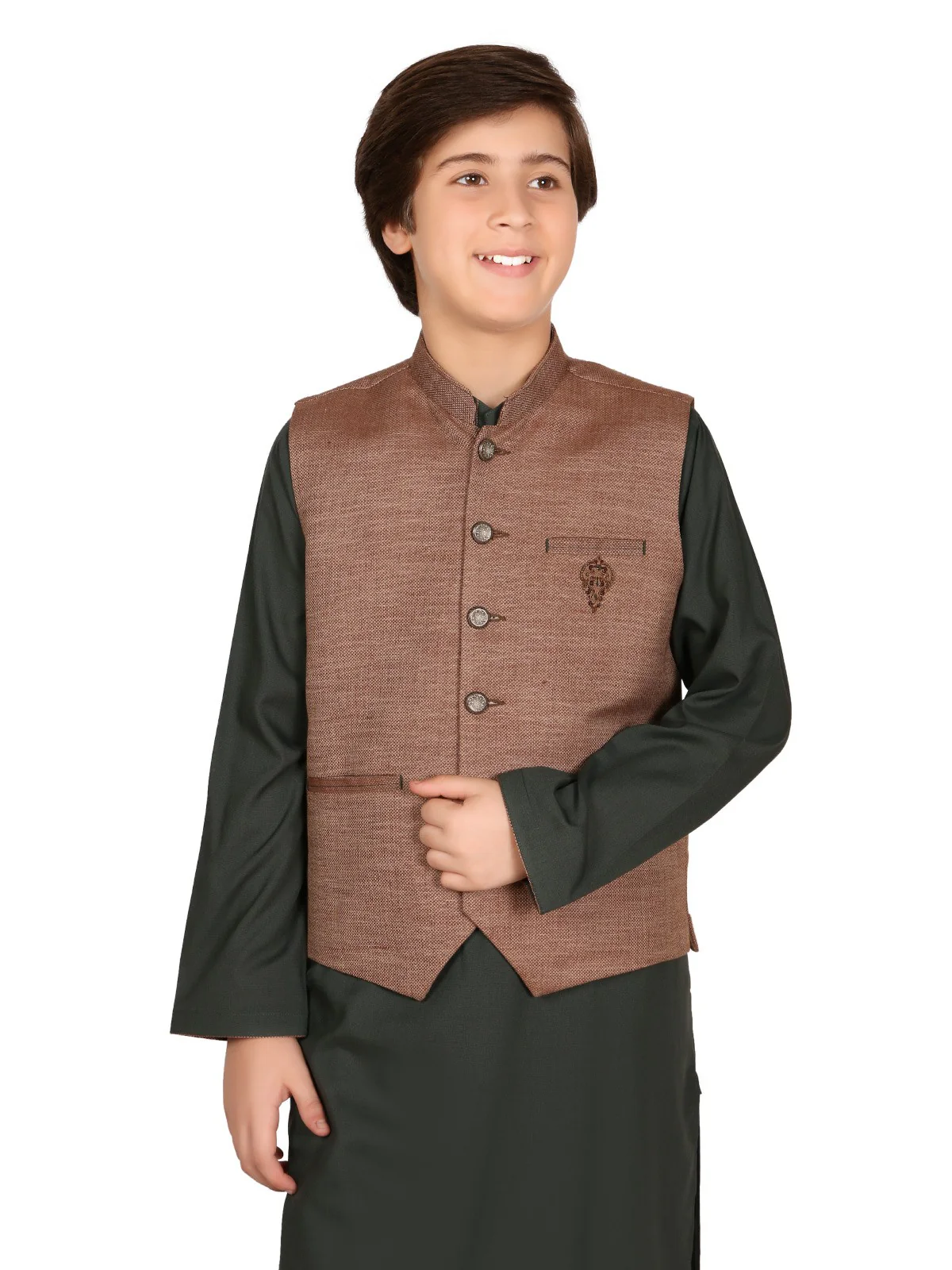 Boy's Brown & Green Waist Coat Suit - EBTWCS19-25114 - Image 2