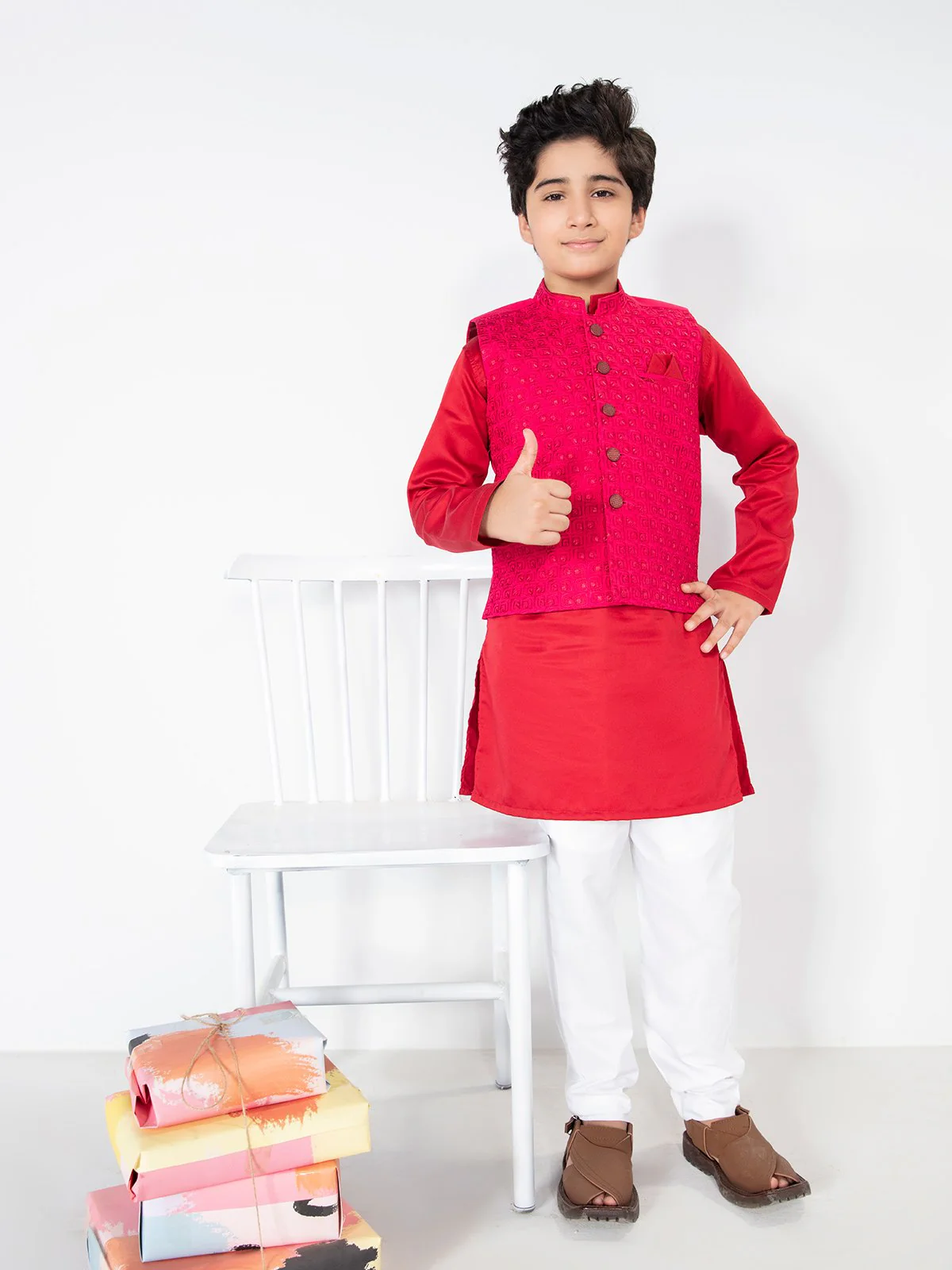 Boy's Pink & Red Waist Coat Suit - EBTWCS21-25132 - Image 4