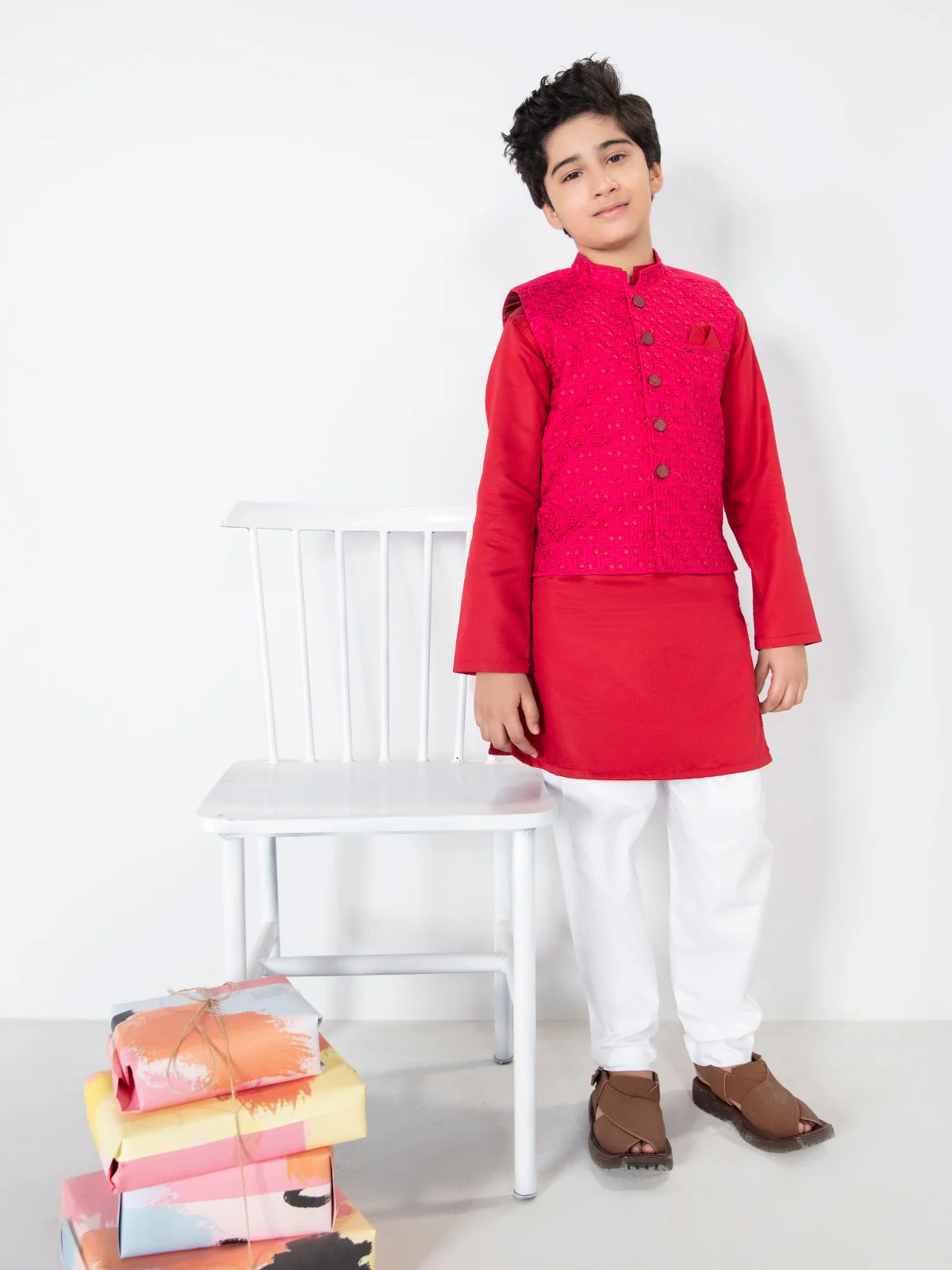 Boy's Pink & Red Waist Coat Suit - EBTWCS21-25132 - Image 5