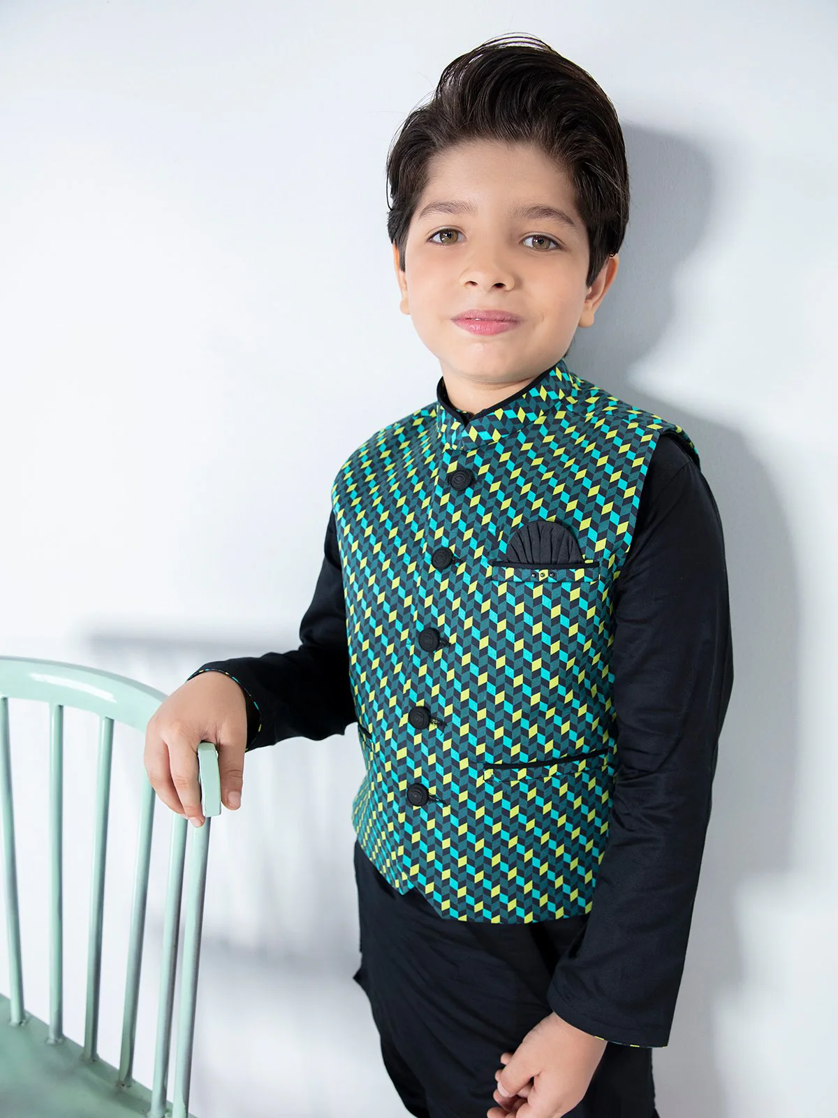 Boy's Green & Black Waist Coat Suit - EBTWCS21-25133 - Image 5