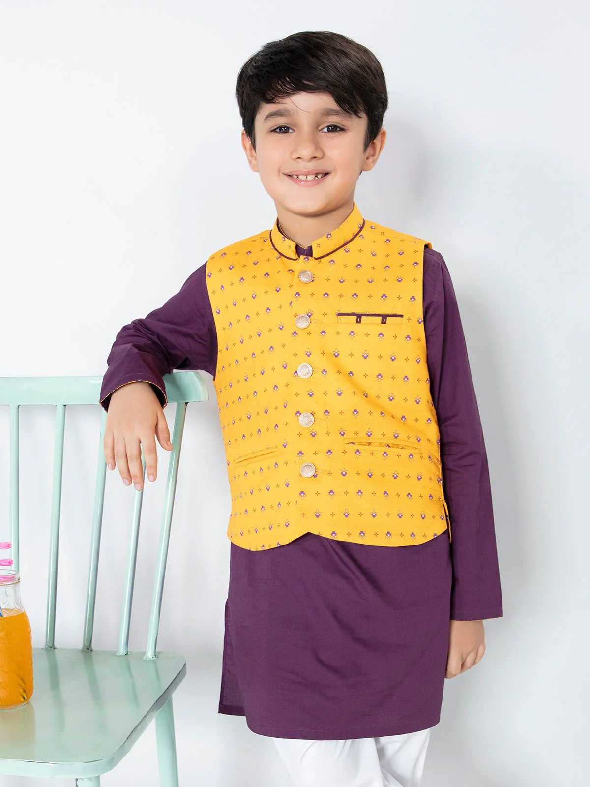 Boy's Yellow & Purple Waist Coat Suit - EBTWCS21-25136 - Image 4