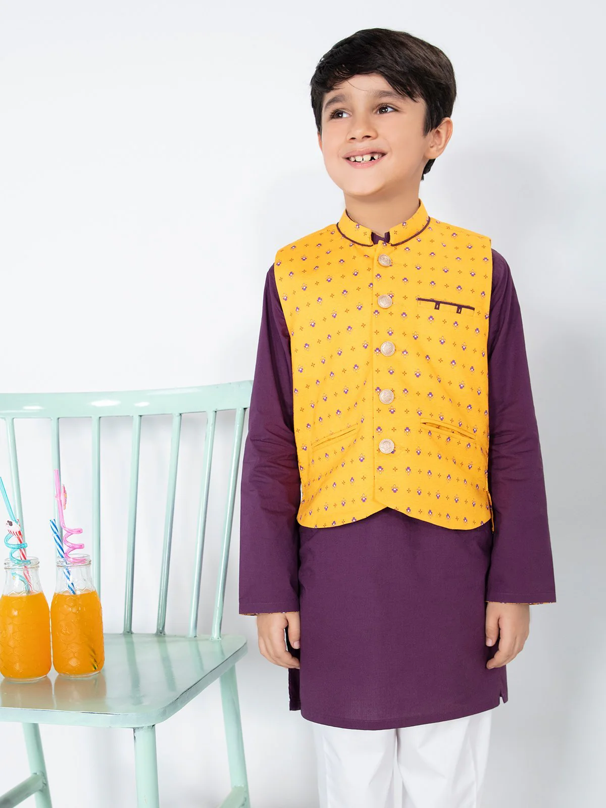 Boy's Yellow & Purple Waist Coat Suit - EBTWCS21-25136 - Image 5