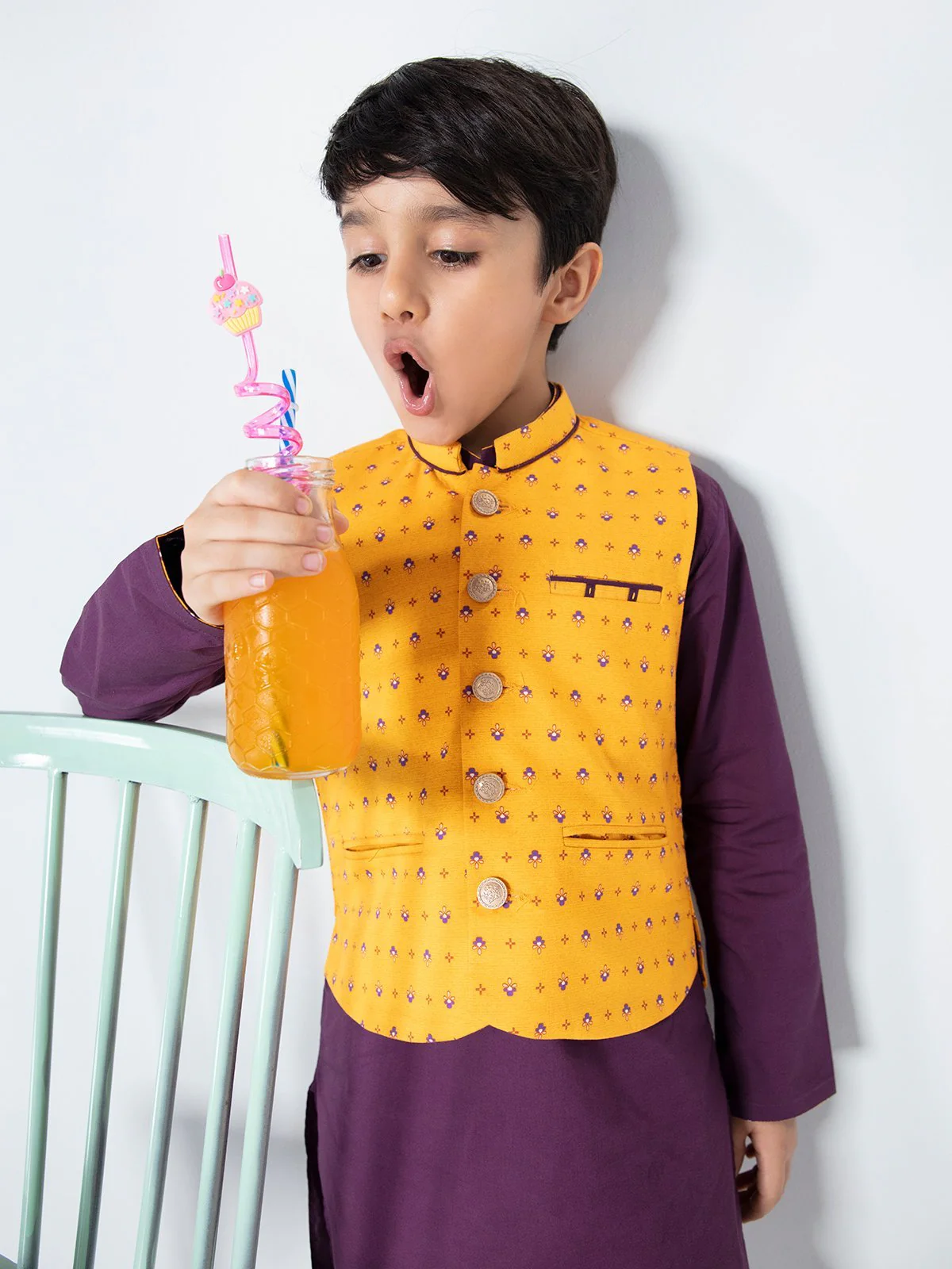 Boy's Yellow & Purple Waist Coat Suit - EBTWCS21-25136 - Image 6