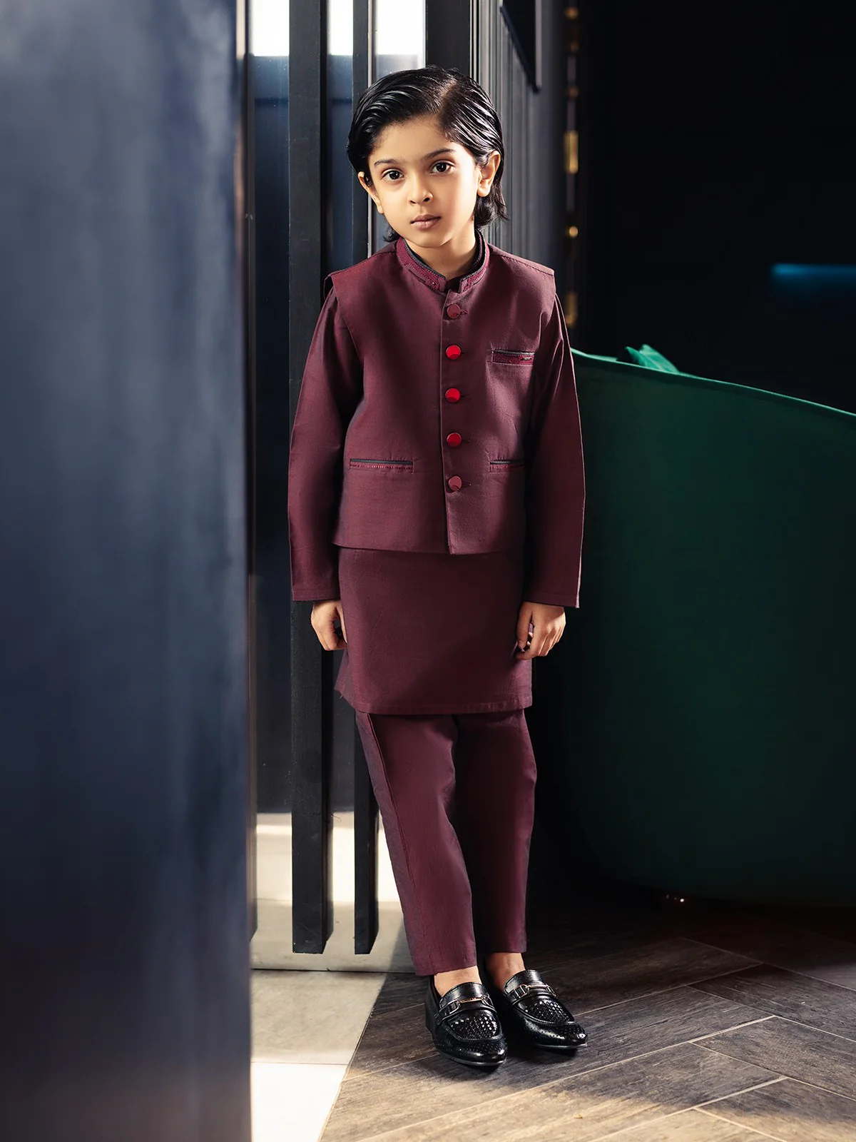 Boy's Dark Maroon Waist Coat Suit - EBTWCS21-25148 - Image 4