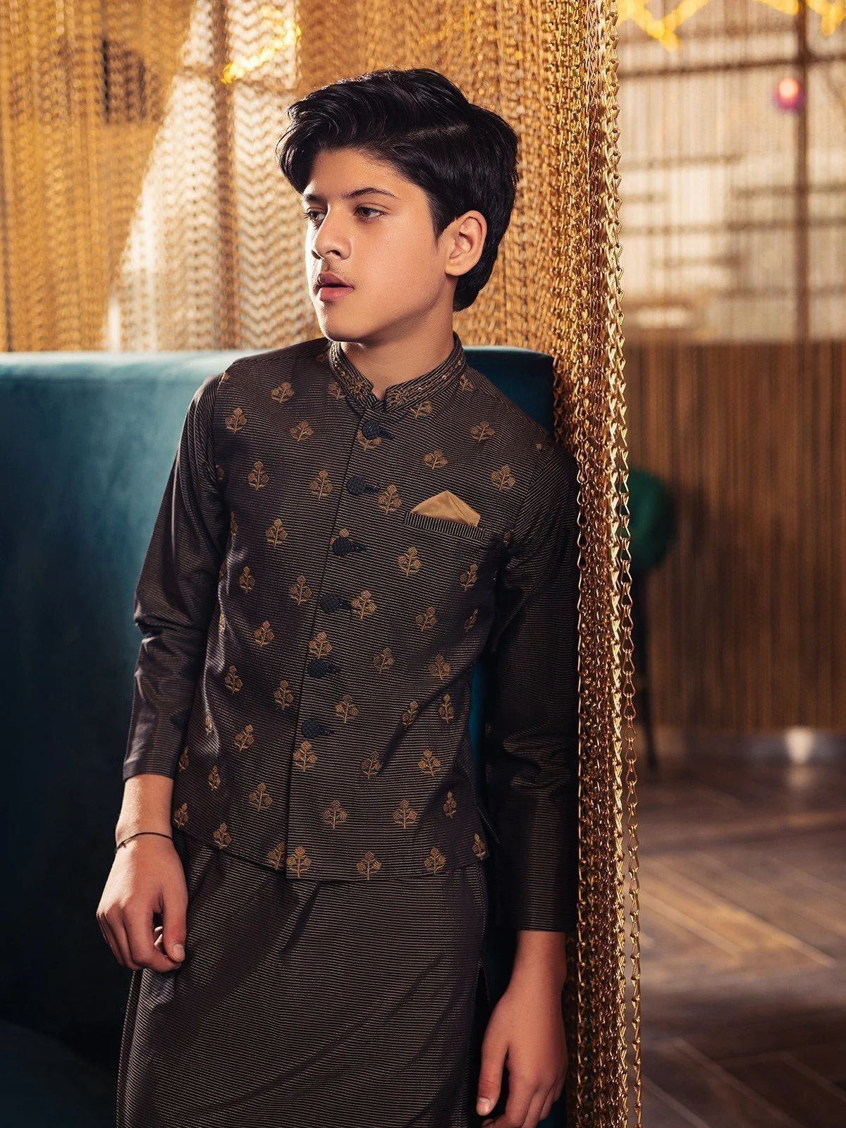 Boy's Black & Golden Waist Coat Suit - EBTWCS22-25137 - Image 3