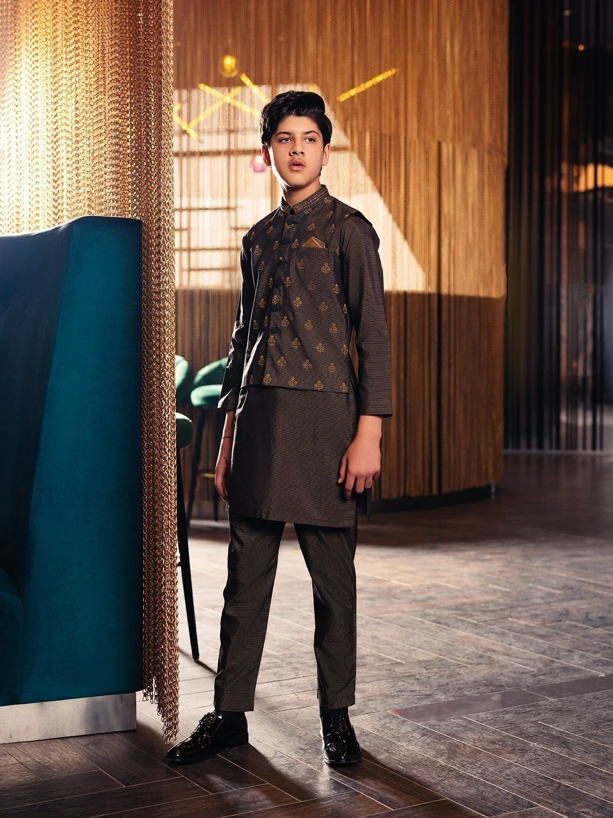 Boy's Black & Golden Waist Coat Suit - EBTWCS22-25137 - Image 6