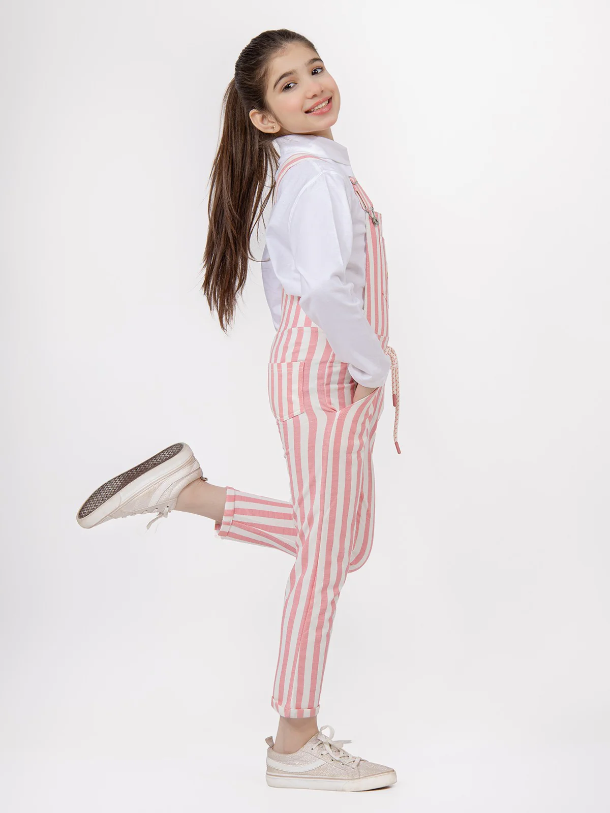 Girl's Pink & Off White Dungaree - EGTDK21-005 - Image 4