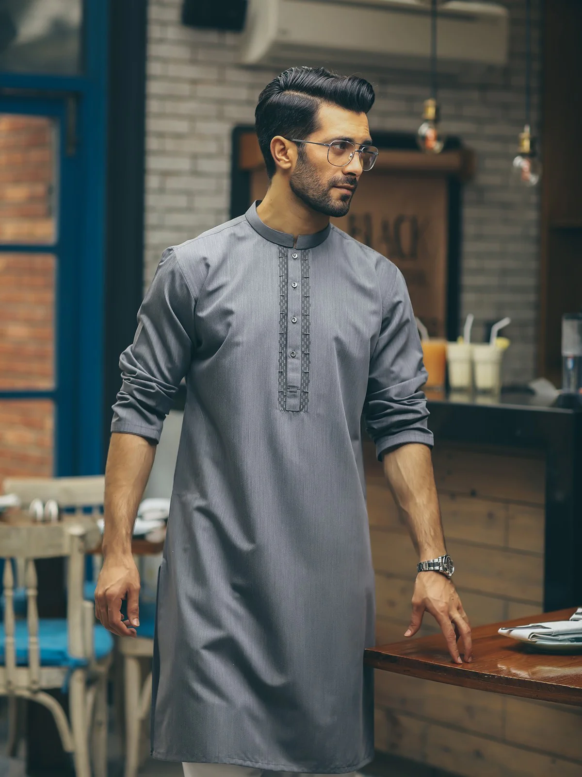 Men's Grey Kurta - EMTK18S-9549 - Image 3