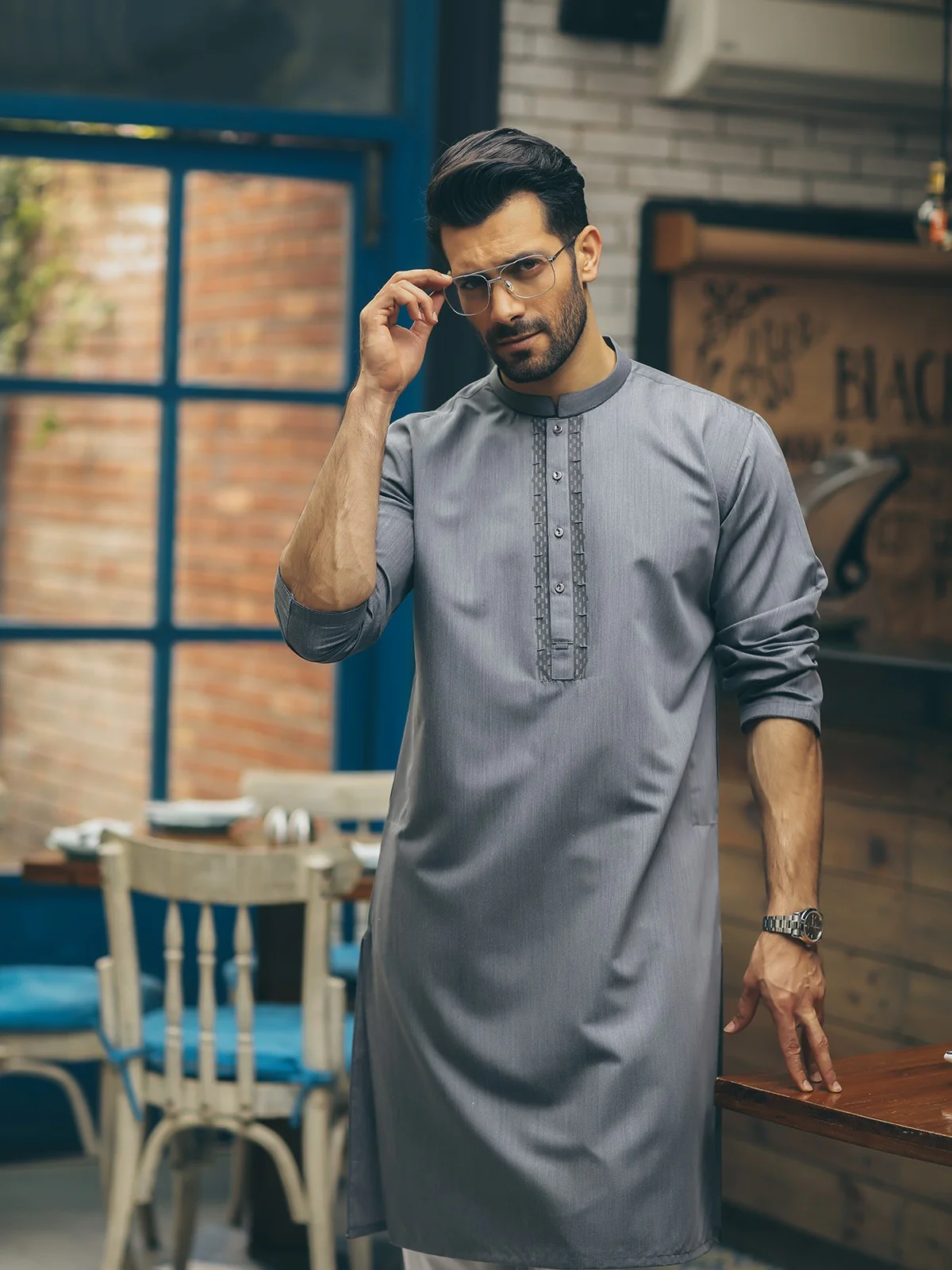 Men's Grey Kurta - EMTK18S-9549 - Image 4