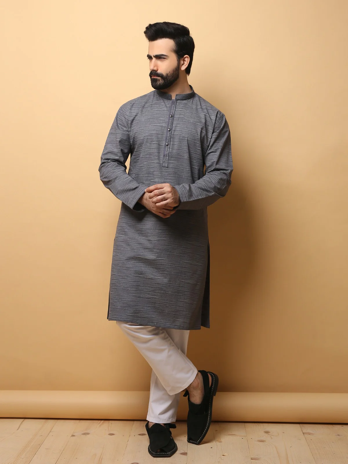 Men's Dark Grey Kurta - EMTK19S-9770 - Image 2