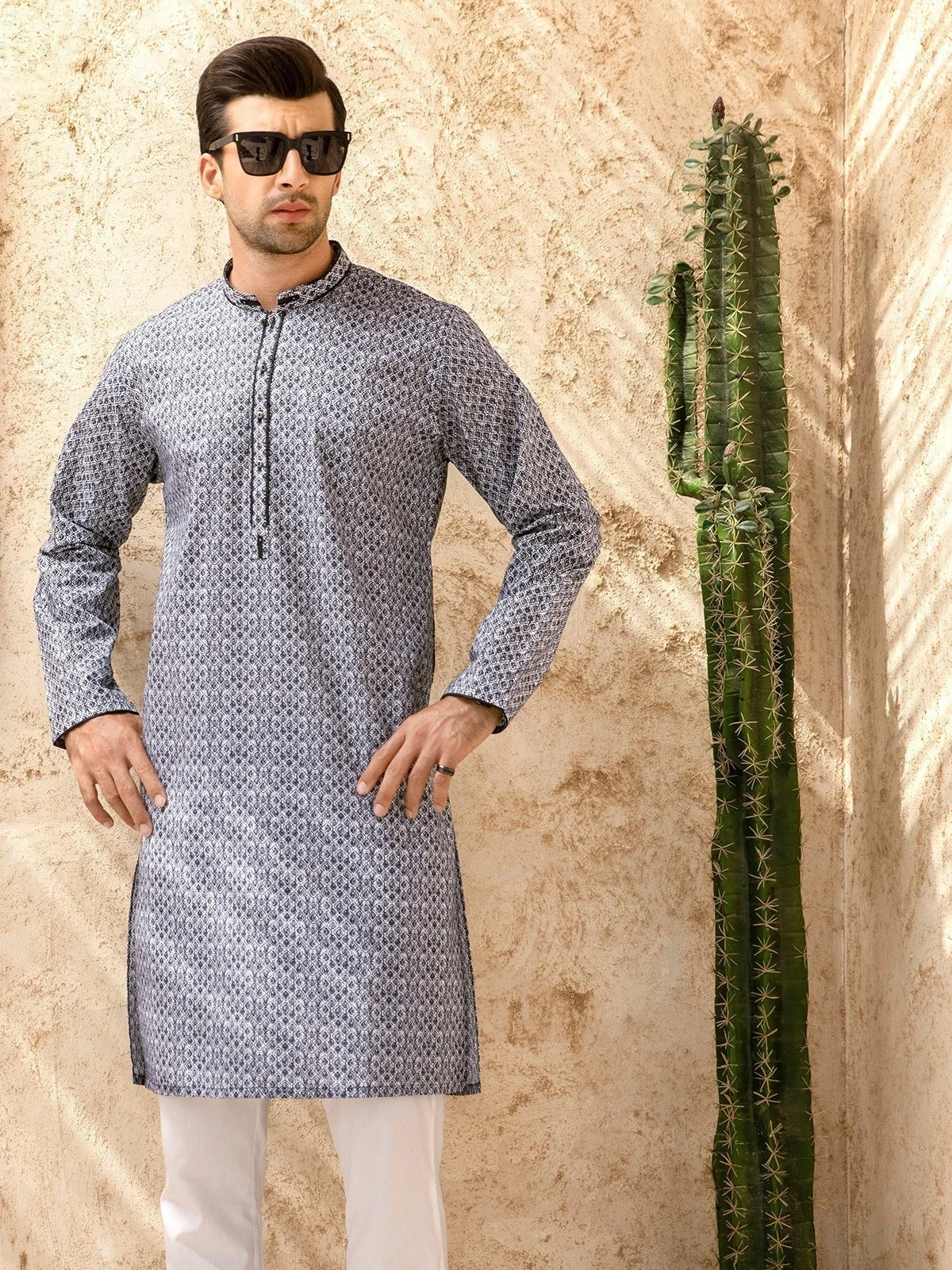Men's Blue & White Kurta - EMTK21S-99056 - Image 2