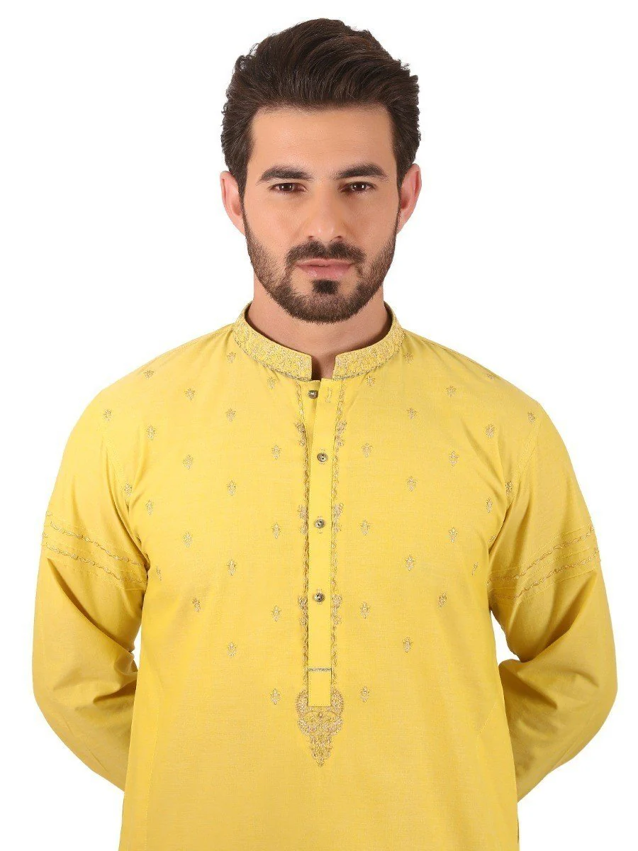 Men's Lime Yellow Kurta Ceremonial - EMTKC19-045 - Image 3