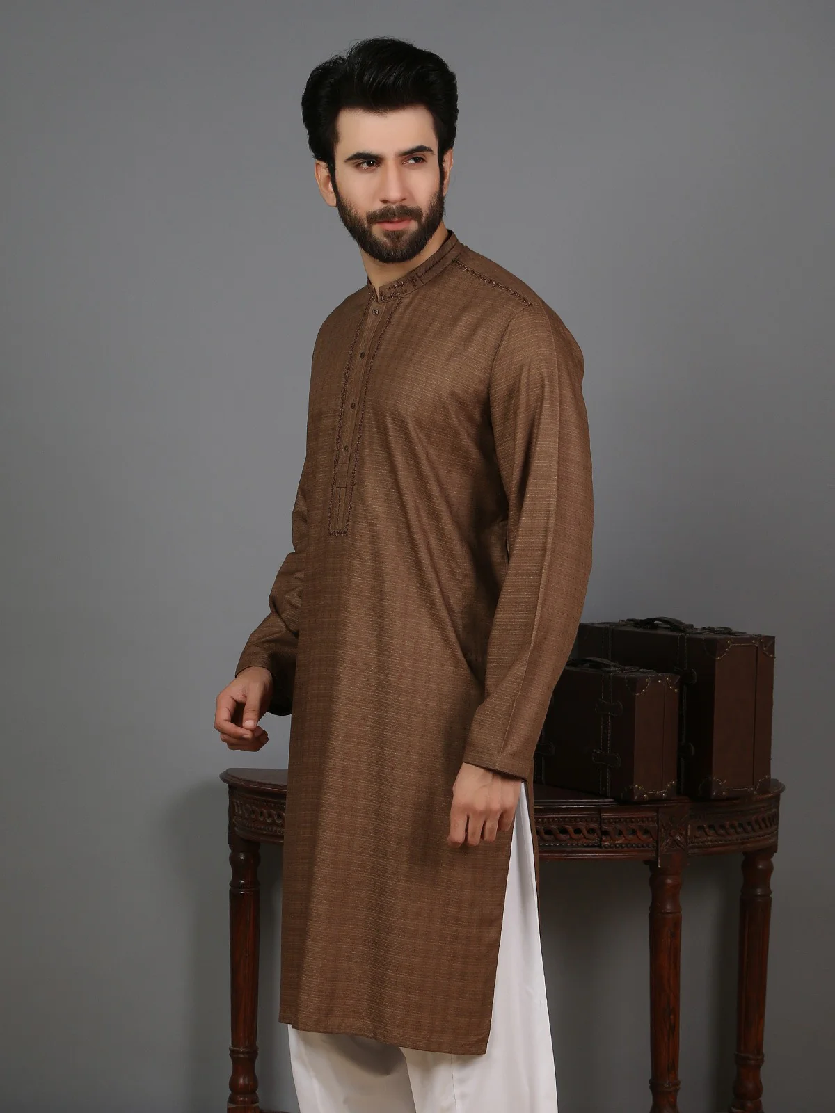 Men's Dead Brown Kurta Ceremonial - EMTKC20-9746 - Image 3