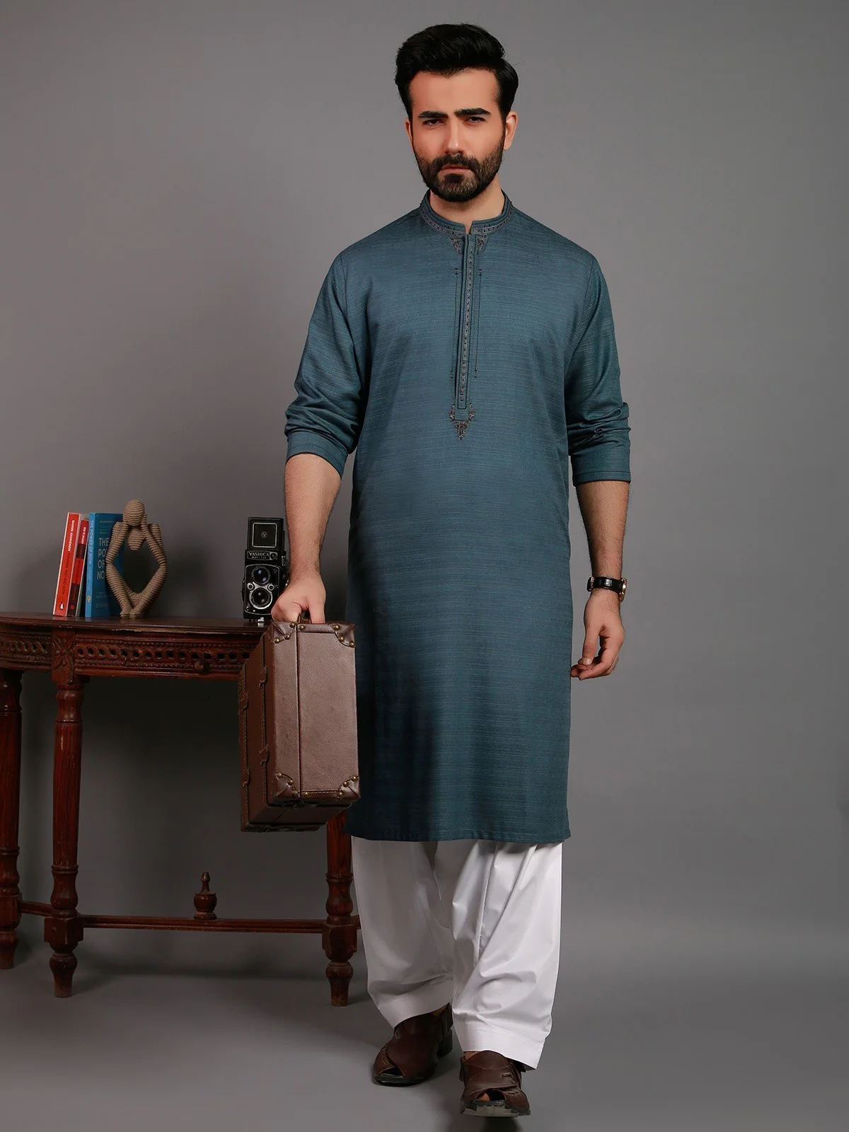 Men's Dark Teal Kurta Ceremonial - EMTKC20-9749 - Image 2