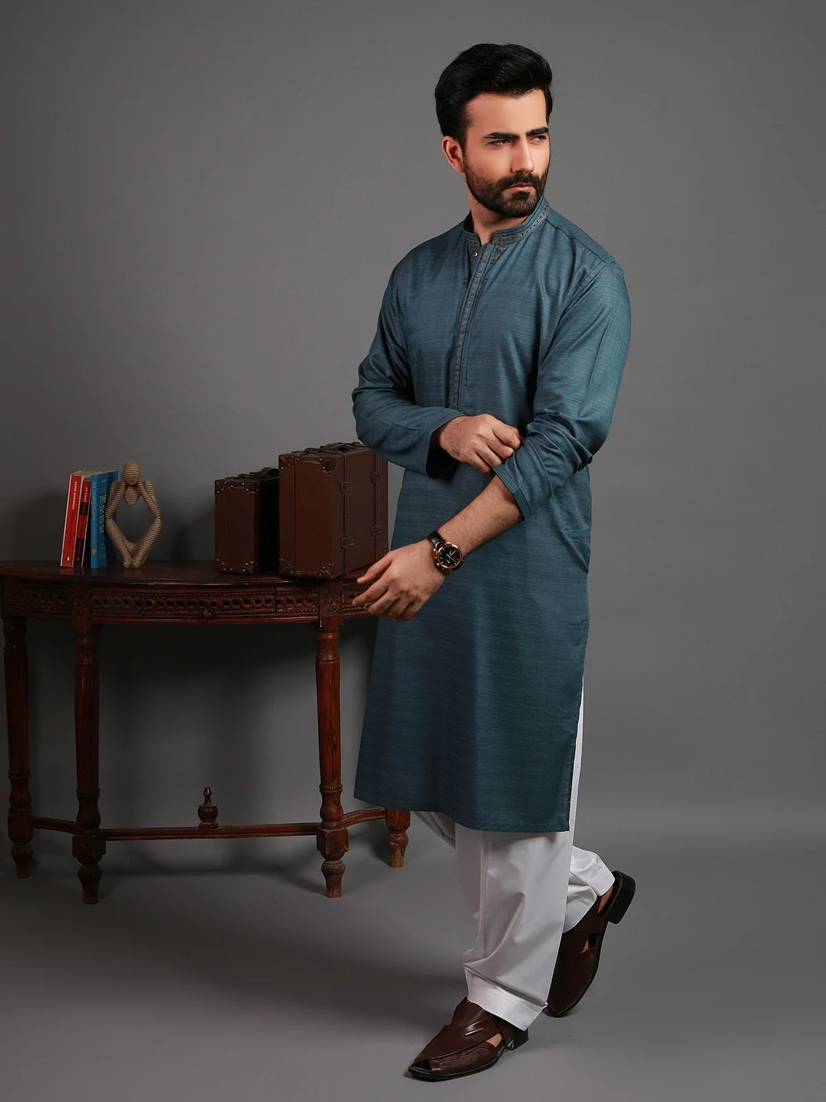 Men's Dark Teal Kurta Ceremonial - EMTKC20-9749 - Image 3