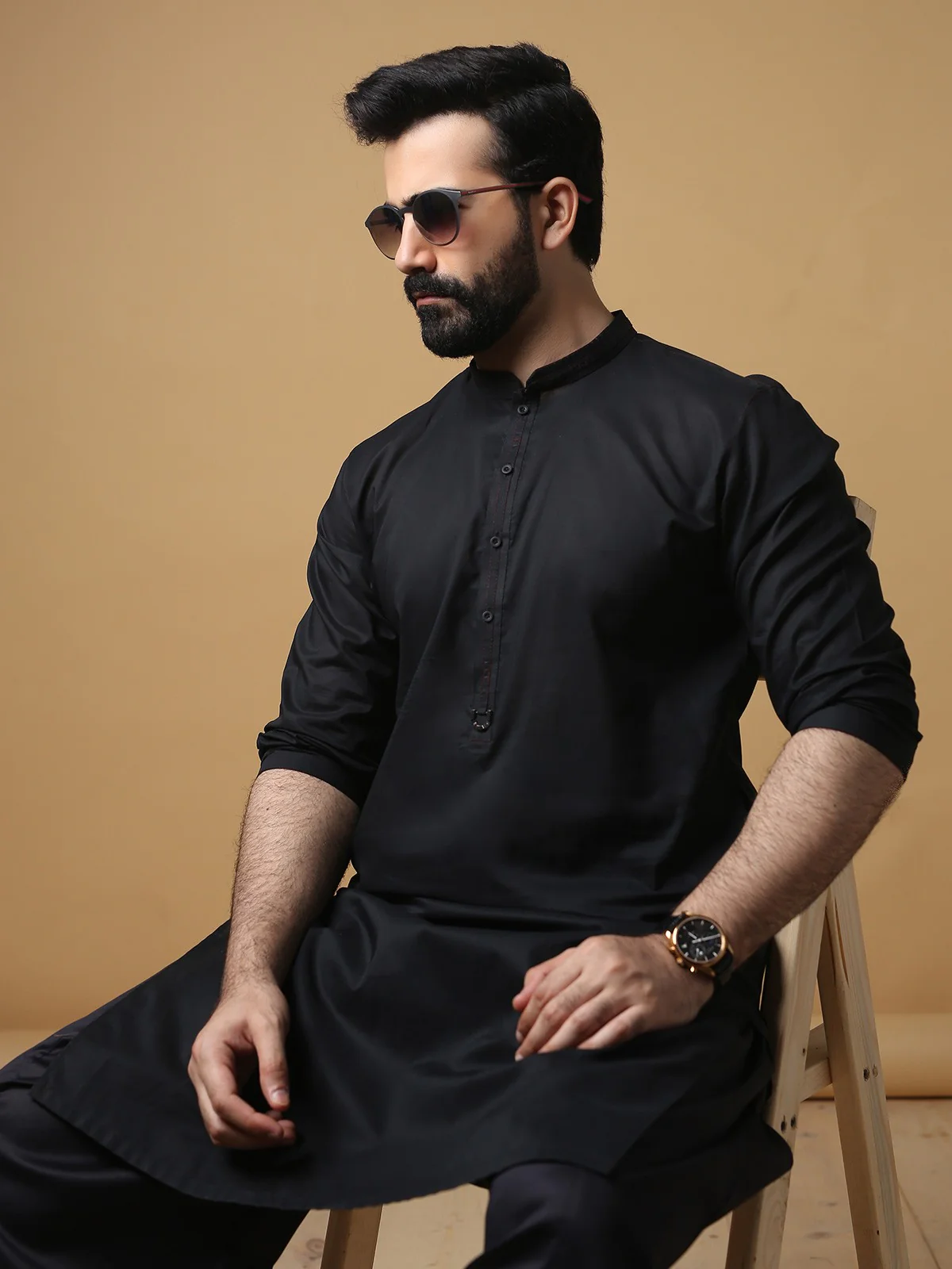 Men's Black Shalwar Kameez - EMTKS19-013 - Image 3