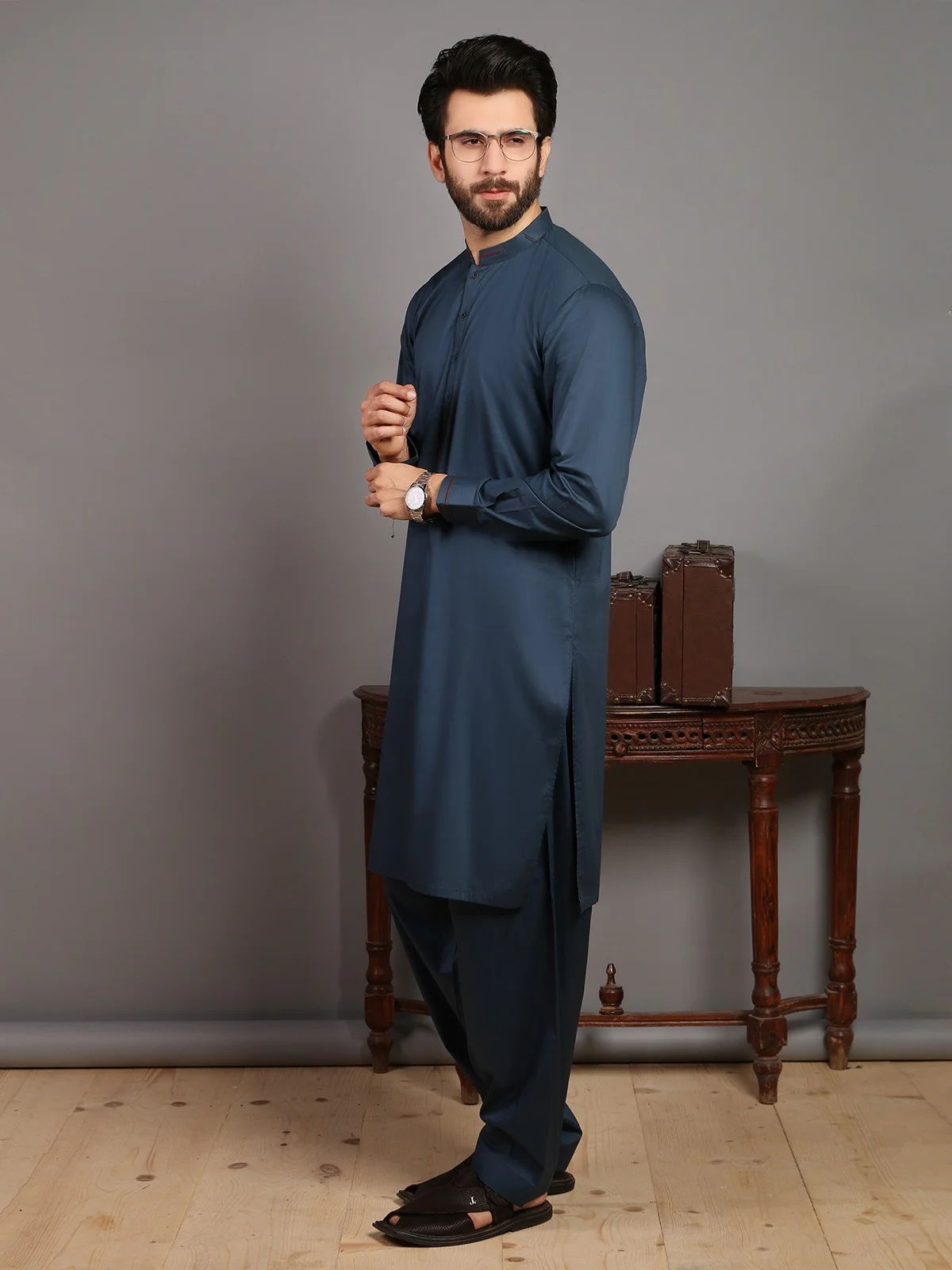 Men's Teal Blue Shalwar Kameez - EMTKS19-017 - Image 2