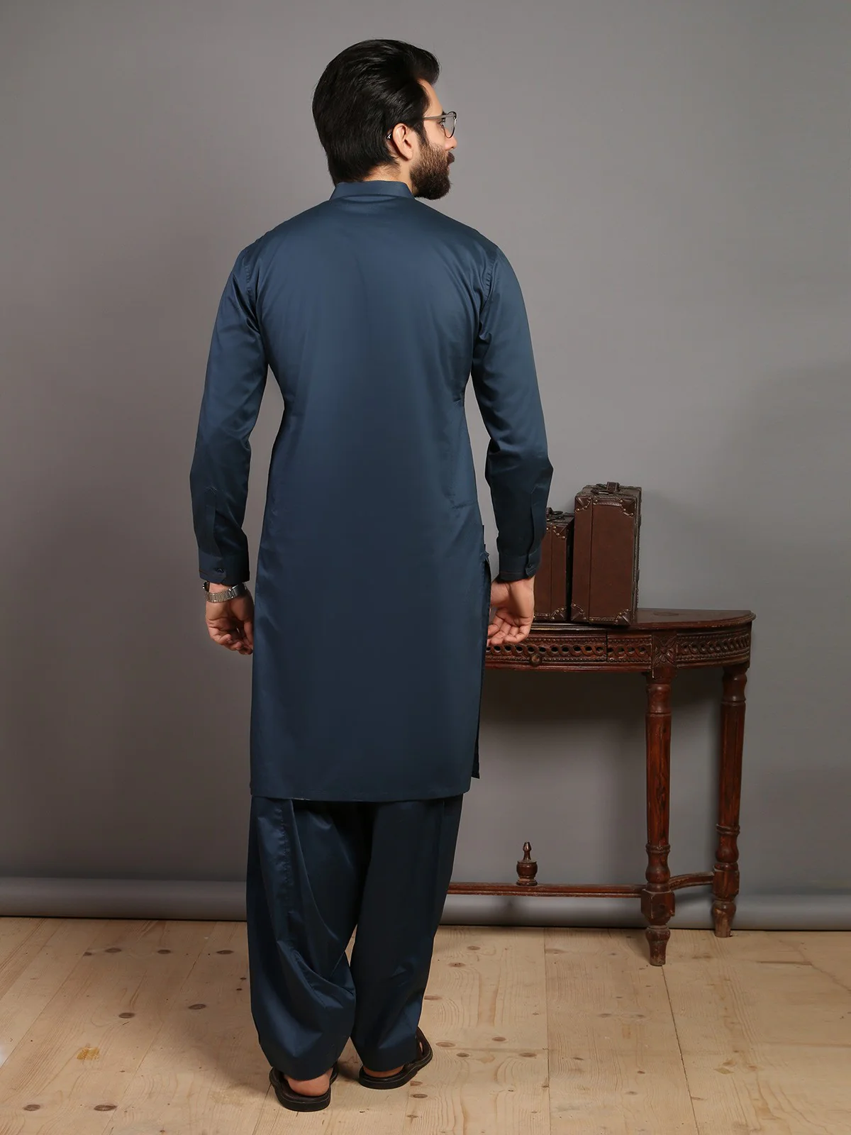 Men's Teal Blue Shalwar Kameez - EMTKS19-017 - Image 4