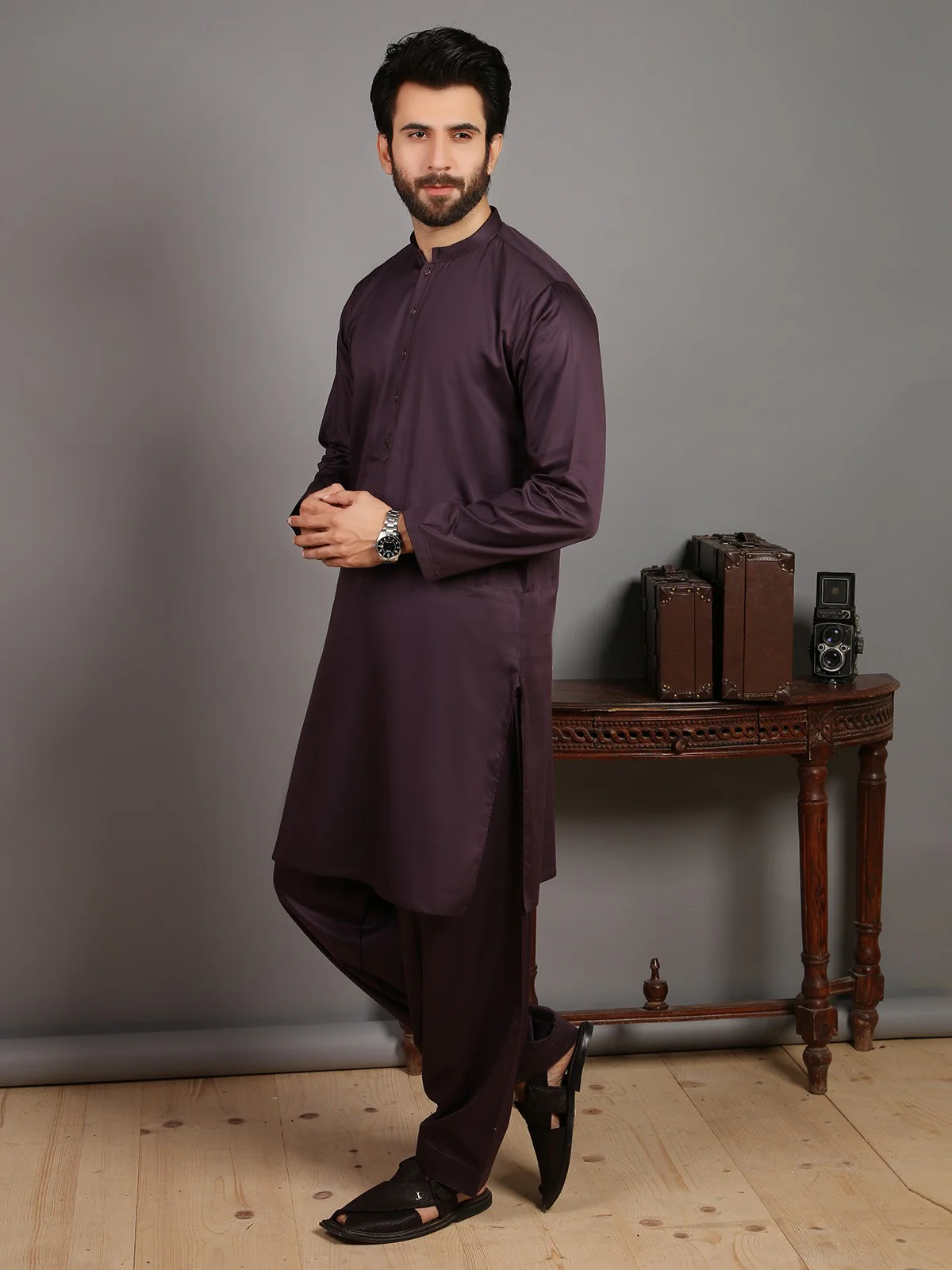 Men's Purple Shalwar Kameez - EMTKS19-020 - Image 3