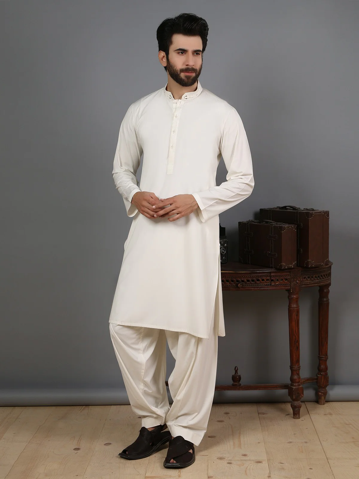 Men's Cream Shalwar Kameez - EMTKS19-022 - Image 4