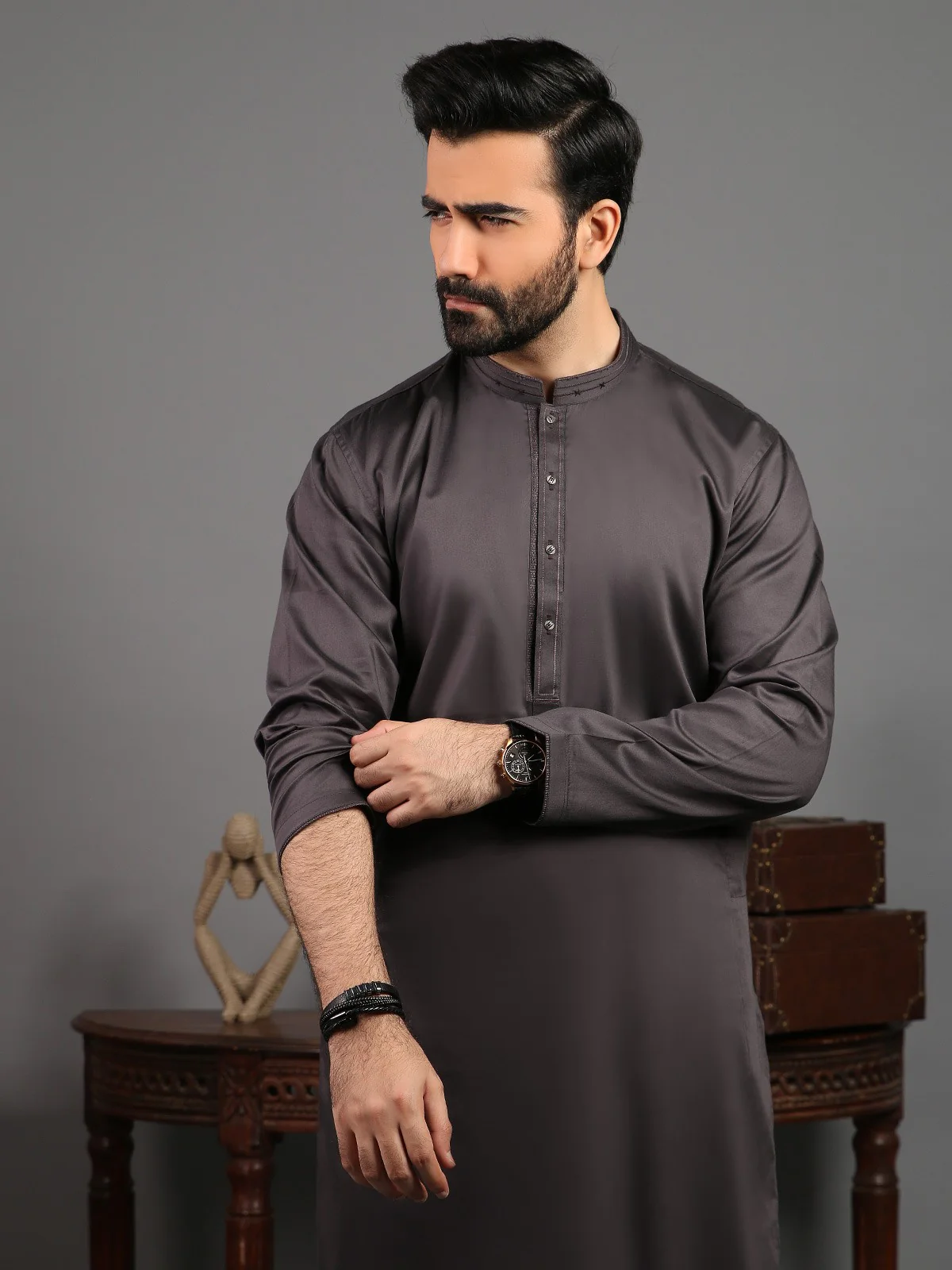 Men's Charcoal Grey Shalwar Kameez - EMTKS19-023 - Image 2