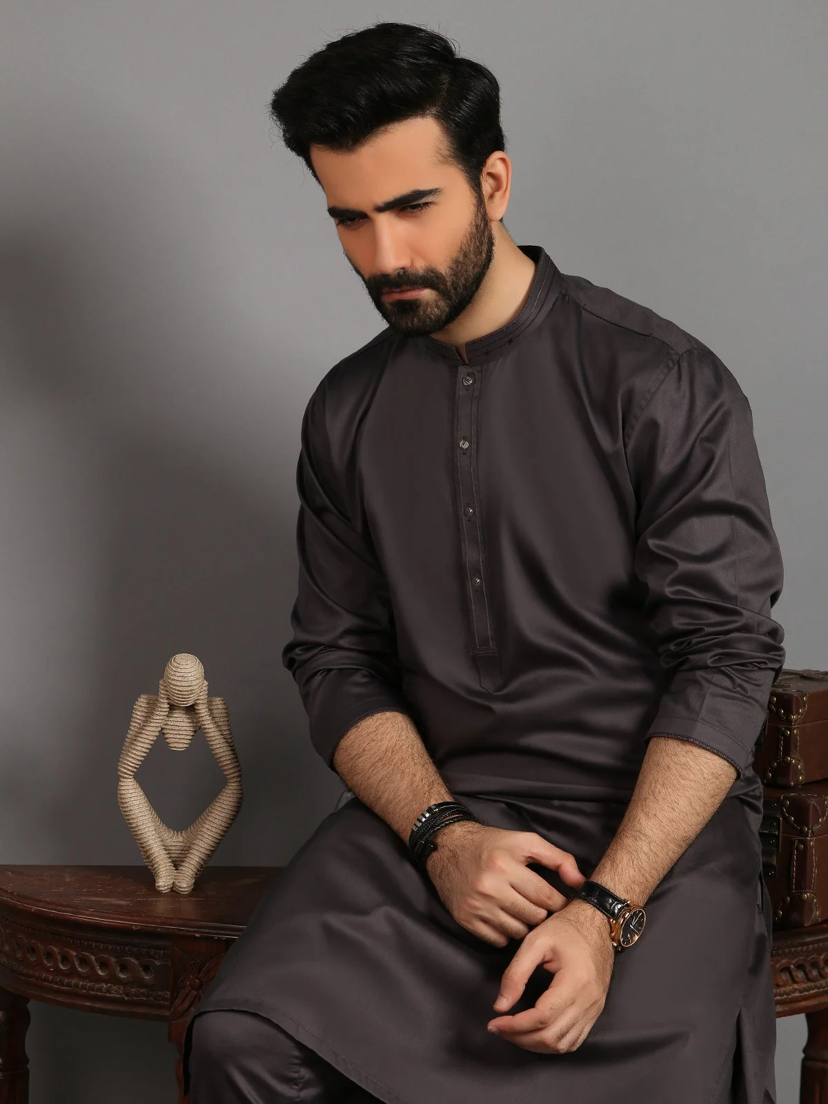 Men's Charcoal Grey Shalwar Kameez - EMTKS19-023 - Image 3