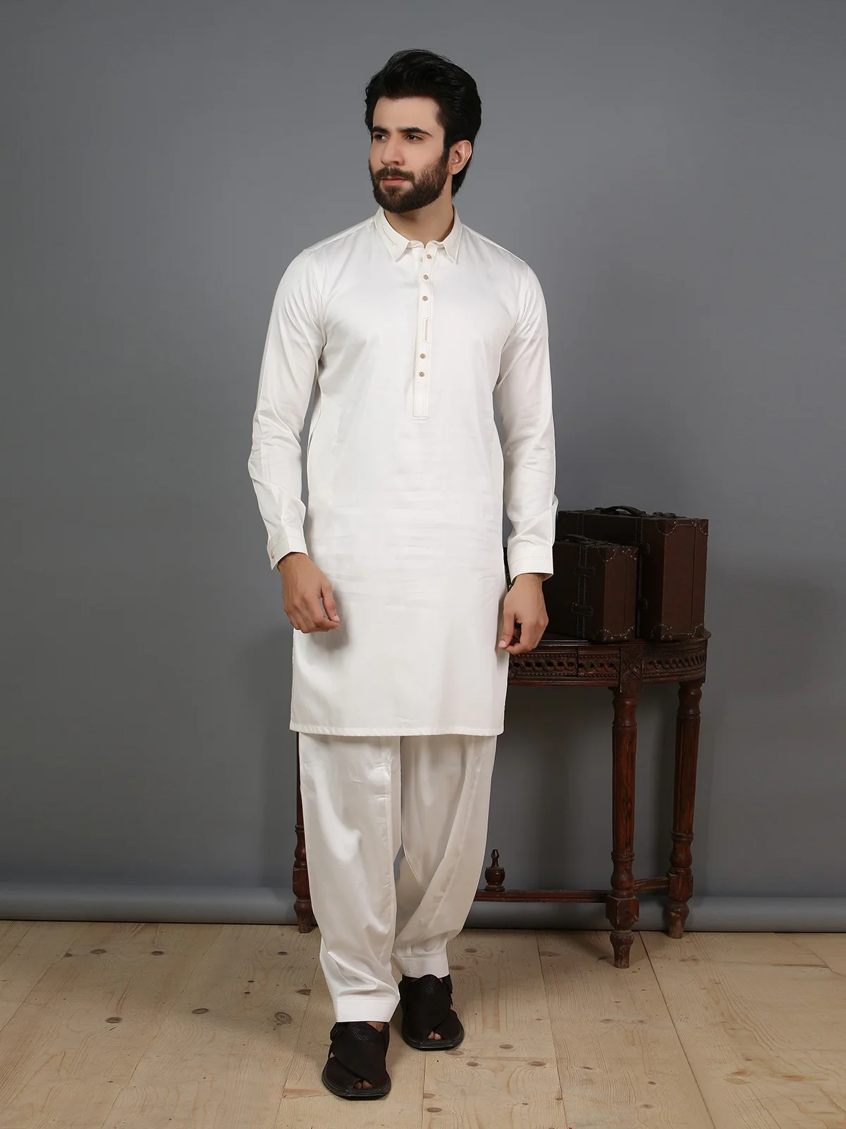 Men's Off White Shalwar Kameez - EMTKS19-027 - Image 2