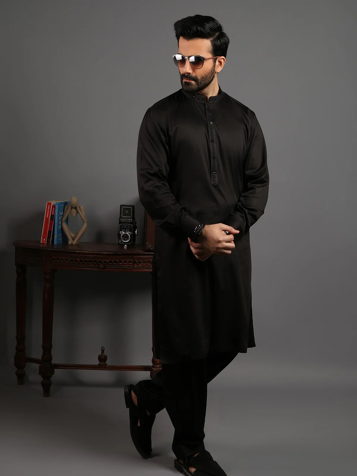 Men's Black Shalwar Kameez - EMTKS19-028 - Image 2