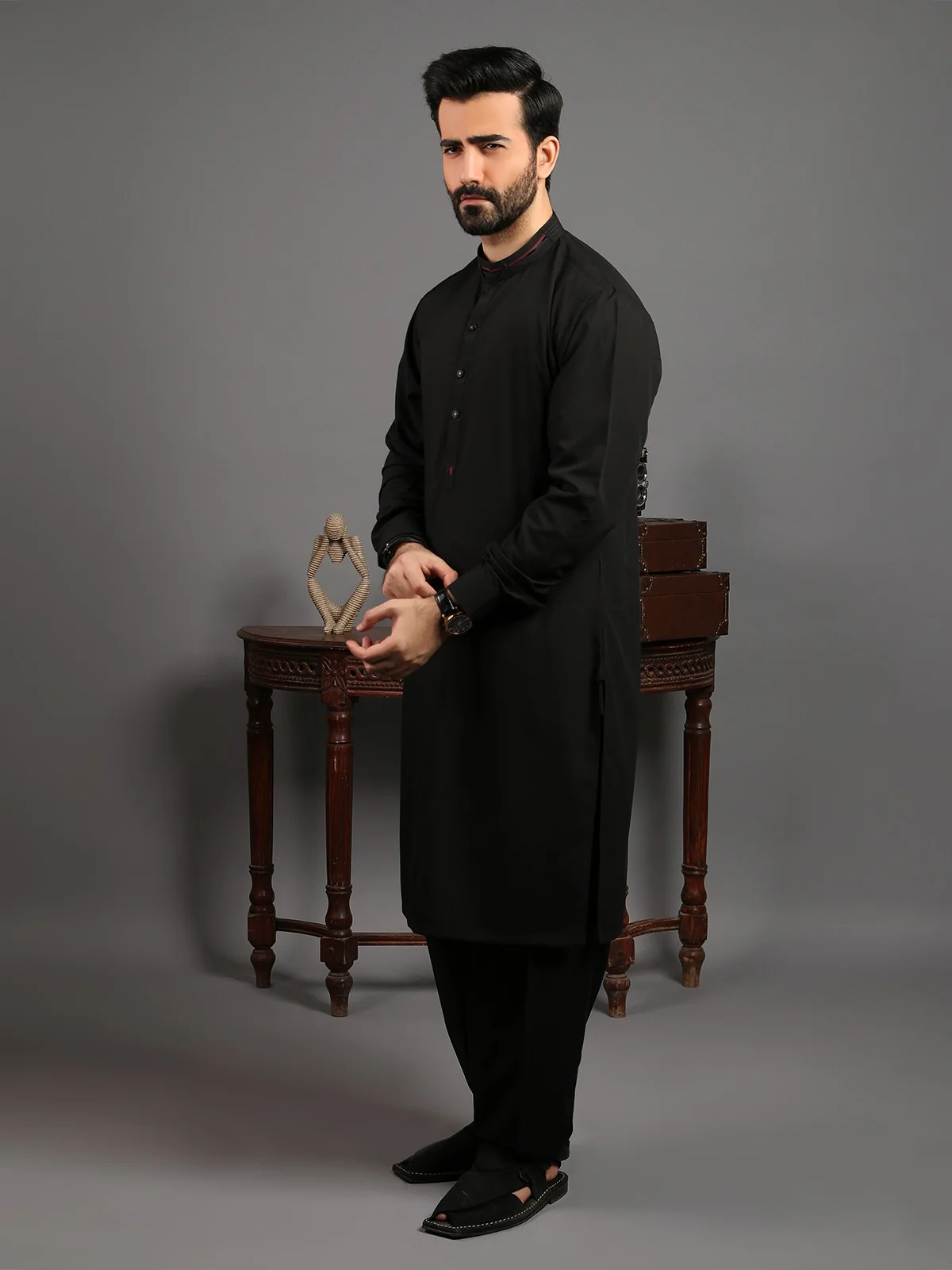 Men's Black Shalwar Kameez - EMTKS19-030 - Image 2