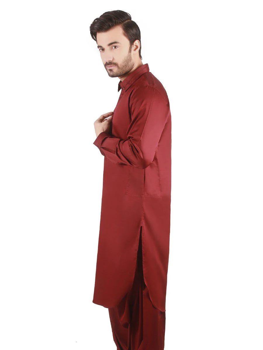 Men's Dark Maroon Shalwar Kameez - EMTKS19-031 - Image 2